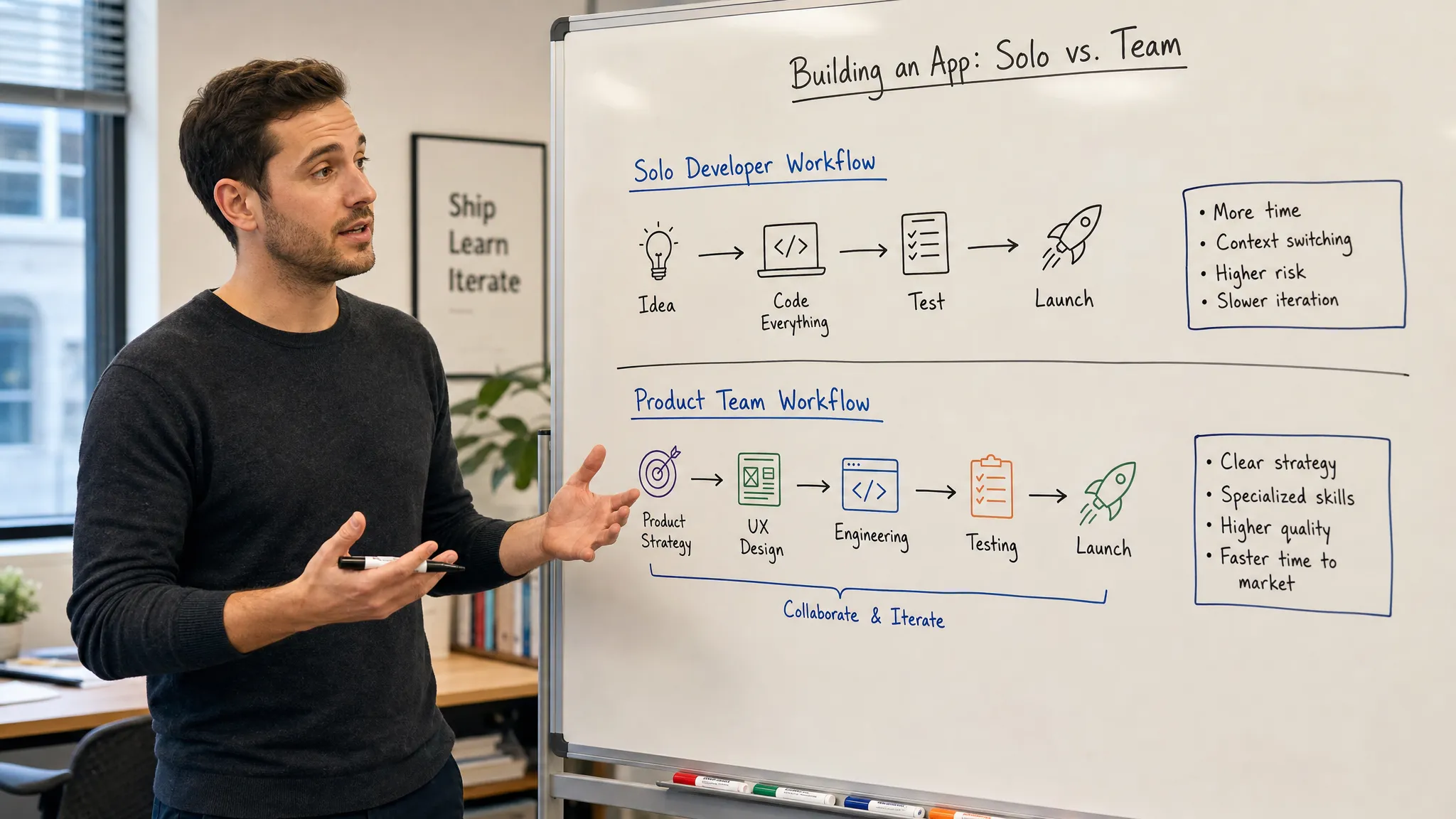 A startup founder stands beside a whiteboard comparing a solo app programmer workflow with a full product team workflow, showing product strategy, UX design, engineering, testing, and launch as connected stages.