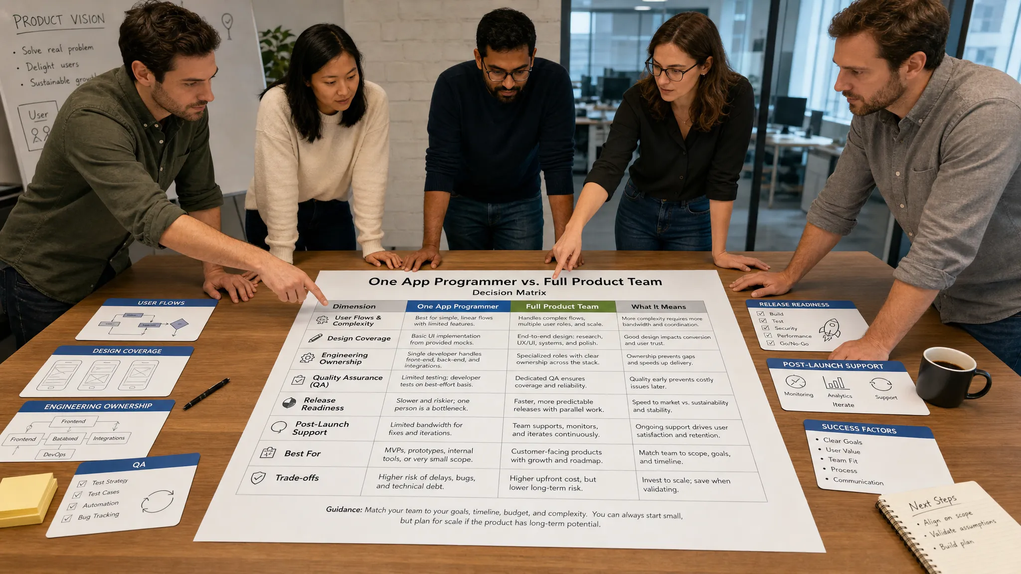 Wide landscape scene in a startup product planning room with a large printed decision matrix laid out across a table, comparing when to hire one app programmer versus a full product team; the sheet is surrounded by neatly arranged cards for user flows, design coverage, engineering ownership, QA, release readiness, and post-launch support, with a small group of adult founders and specialists standing around it and pointing to different sections, creating a focused, strategic atmosphere.