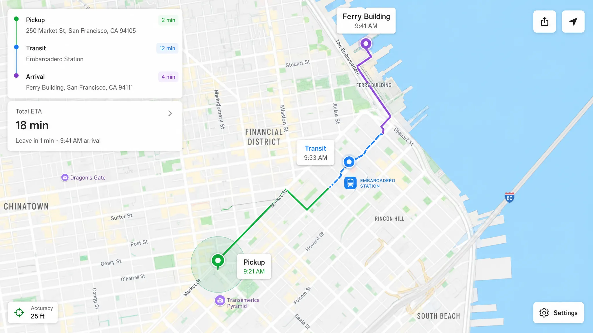A city map with route lines connecting pickup, transit, and arrival points, showing location markers, ETA labels, and a small accuracy radius around the active marker.