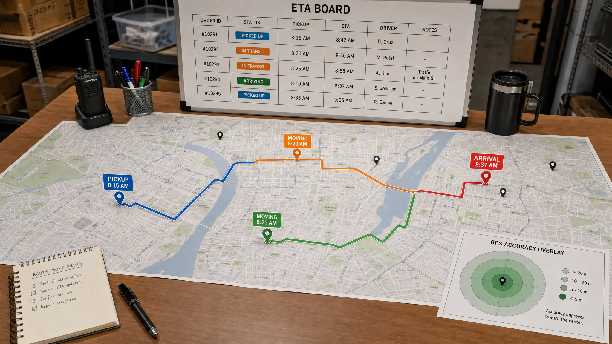 Wide landscape scene of a route-monitoring operations setup viewed from above, with a large city map printed across a desk, several distinct route segments highlighted between pickup, moving, and arrival points, a small cluster of location pins, a simple ETA board, and a separate circular accuracy overlay card placed off to one side. The composition feels technical and real-world, with an indoor planning environment and no people present.