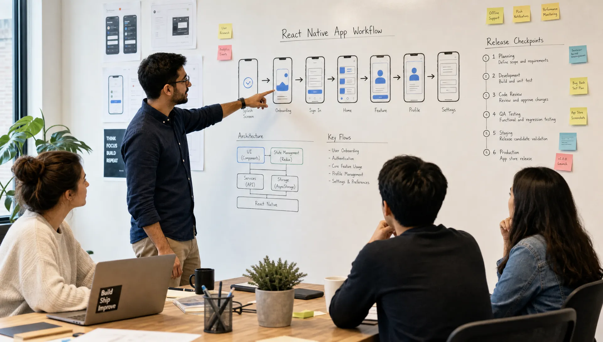 A startup mobile app team reviewing a React Native app workflow on a wall with mobile screen sketches, architecture notes, and release checkpoints arranged clearly, with a standing engineer pointing to the sequence while the rest of the team looks on.