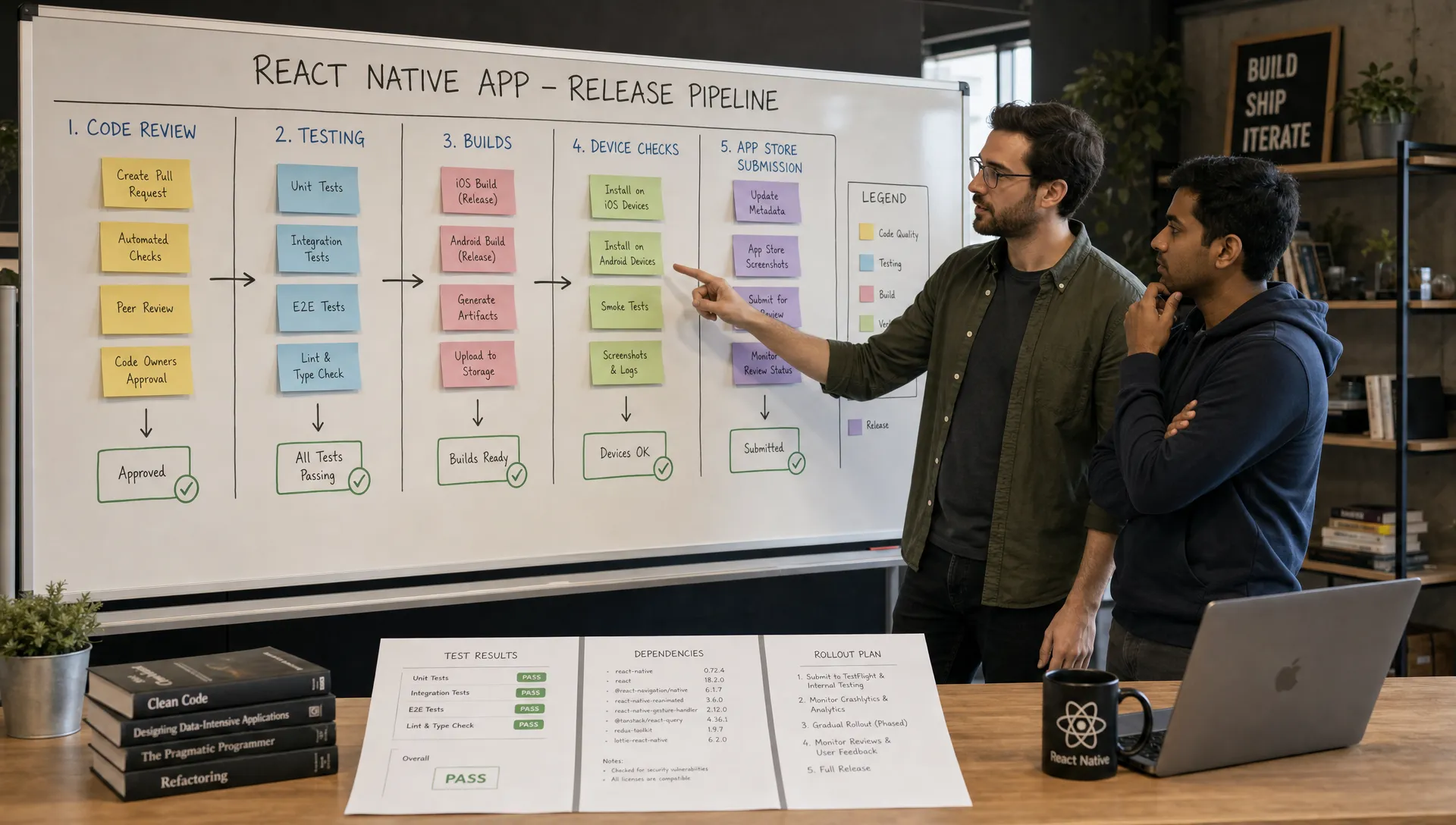 Wide landscape scene in a startup engineering studio showing a clean release pipeline board for a React Native app, with lanes for code review, testing, builds, device checks, and app store submission connected by notes and arrows; a founder and mobile engineer stand beside the board examining the handoff from development to release, while a side table holds printed test results, dependency notes, and rollout steps, creating a disciplined, launch-focused atmosphere in a technical indoor setting.