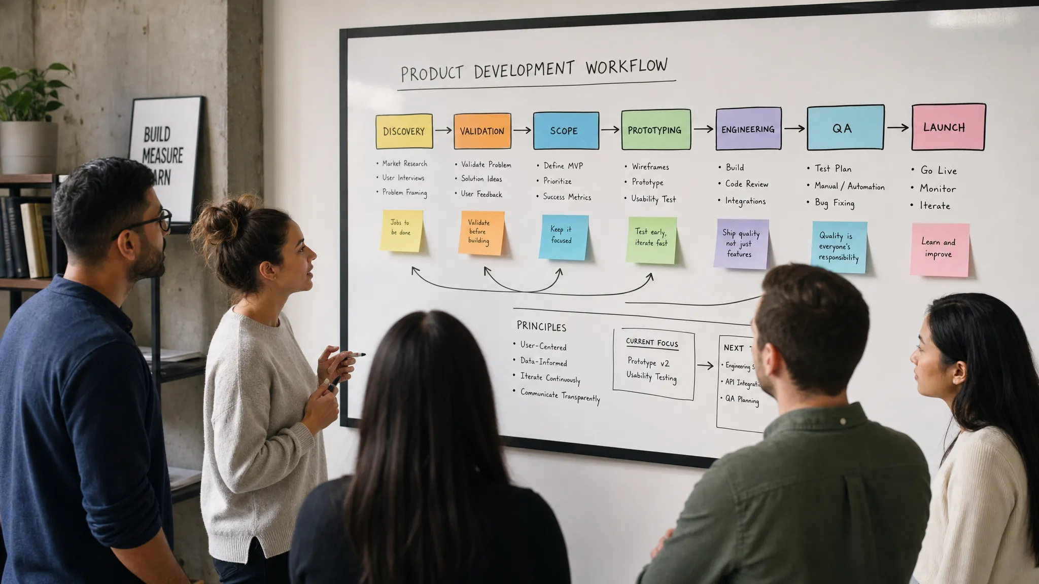 A startup product team gathered around a wall-mounted workflow board showing discovery, validation, scope, prototyping, engineering, QA, and launch as connected stages, with notes and arrows linking the steps.