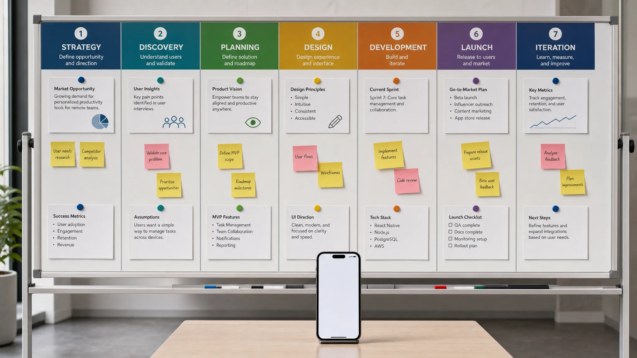 Wide landscape view of a mobile product lifecycle board in an indoor planning space, with seven clearly labeled phase columns from strategy through launch and iteration, a few printed cards, sticky notes, and a single smartphone facing the camera with a blank app screen; the arrangement feels structured and process-oriented, with no people present.