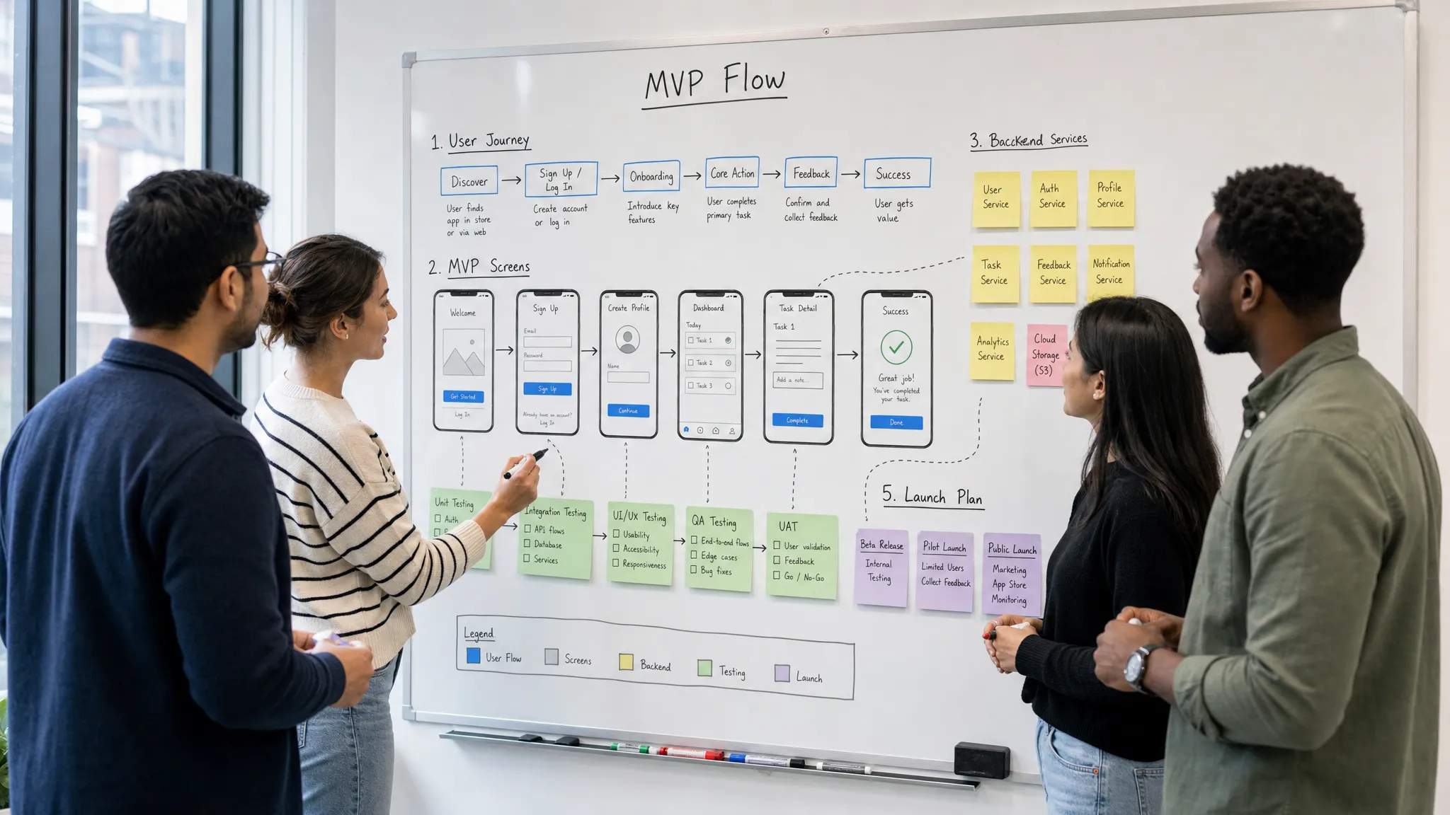 A product team reviews a mobile app MVP flow on a whiteboard, connecting user journey steps with app screens, backend services, testing checkpoints, and launch milestones.