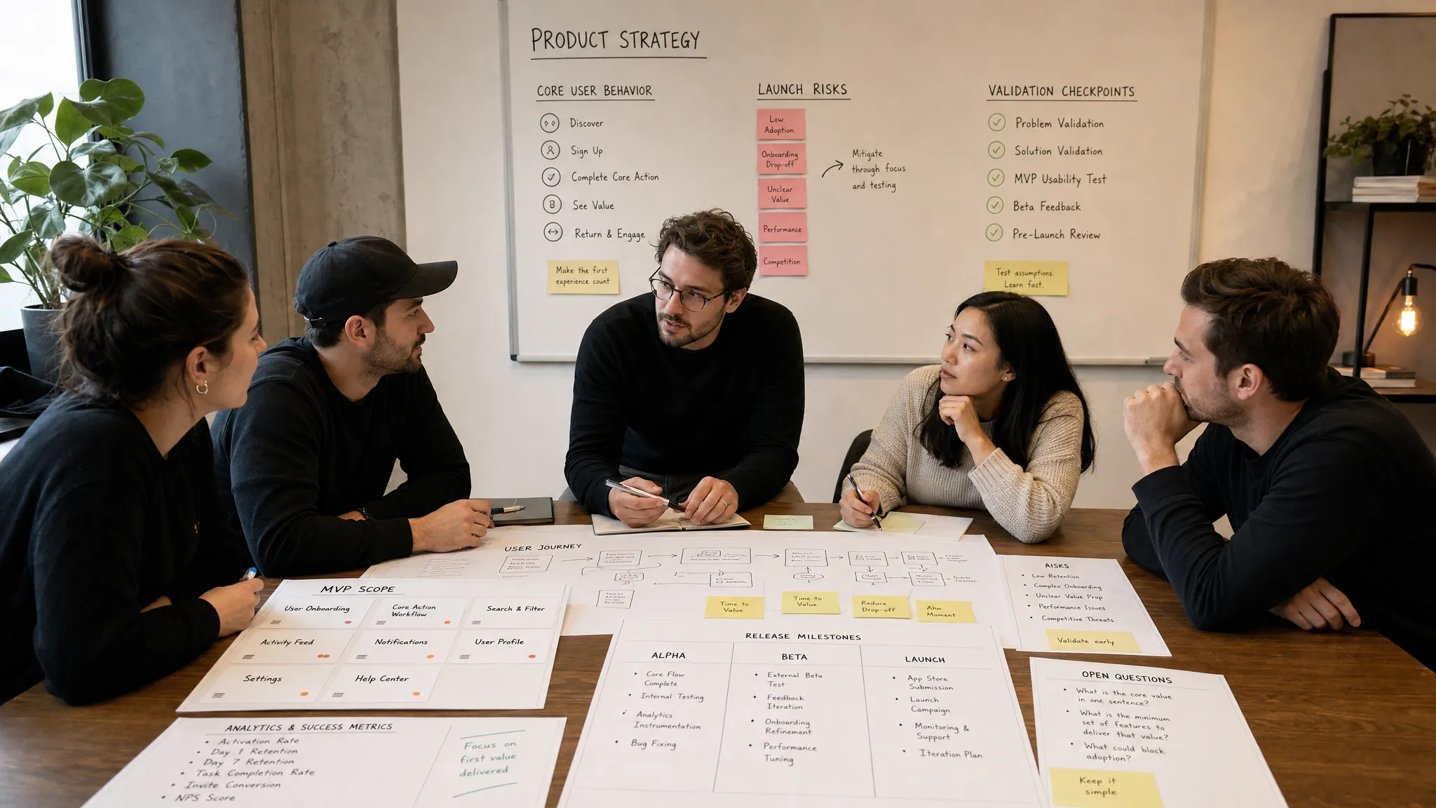 Wide landscape scene in a product strategy studio showing a small group of adult founders and mobile specialists gathered around a large table with printed MVP scope cards, a sketched journey map, analytics notes, and release milestones, while a wall board behind them outlines the core user behavior, launch risks, and validation checkpoints; no device screens are visible, and the mood feels focused, ambitious, and launch-ready.