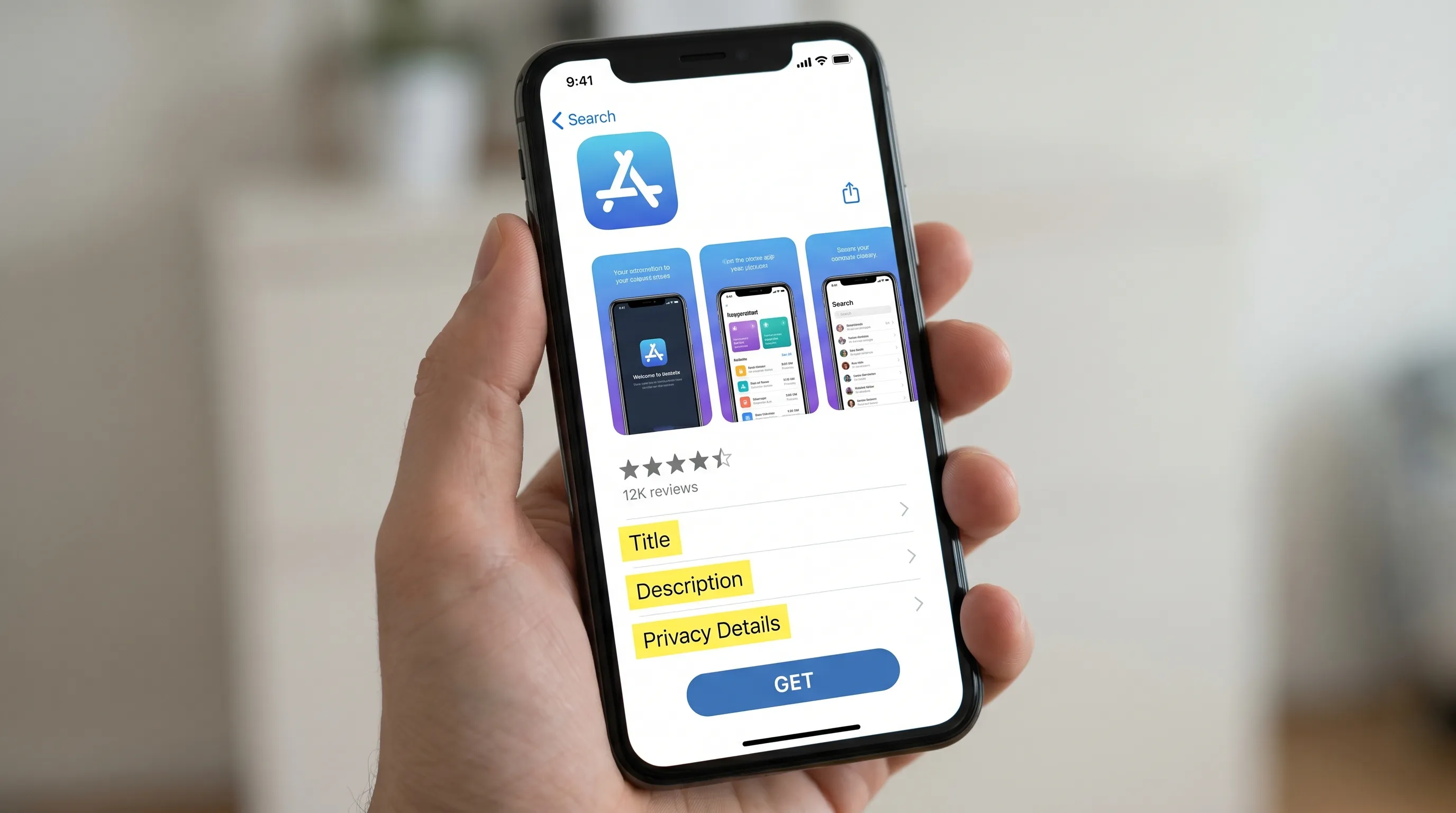 A mobile app store listing displayed on a phone with an app icon, screenshot carousel, ratings, and highlighted areas for title, description, privacy details, and install button.