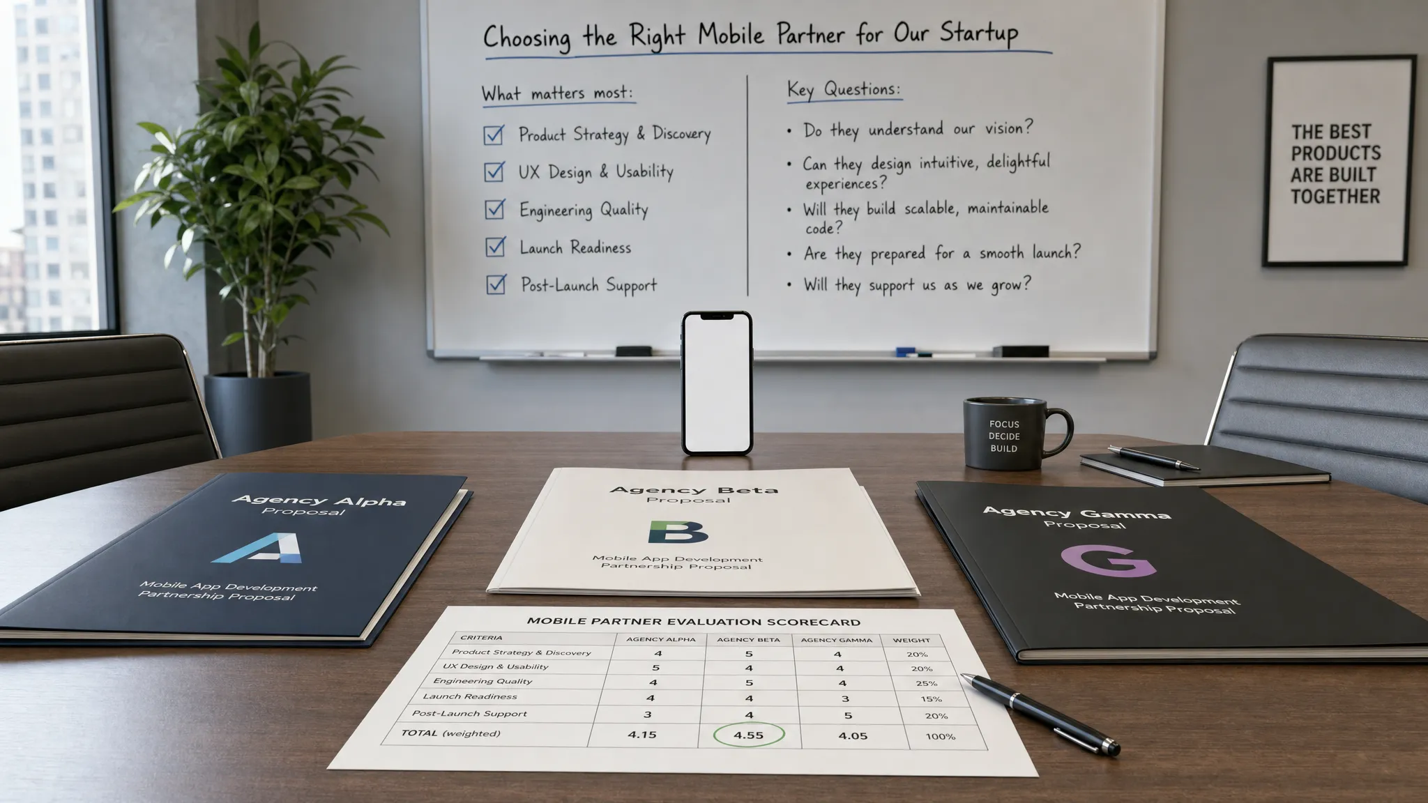 Wide landscape scene of a startup selection session in a modern meeting room, with three agency proposal packets spread across a table, a printed evaluation scorecard in the center, and a large wall board behind them showing questions about product strategy, UX, engineering quality, launch readiness, and support; a single smartphone stands upright facing the camera with a blank app screen, and the composition feels decisive, professional, and focused on choosing the right mobile partner.