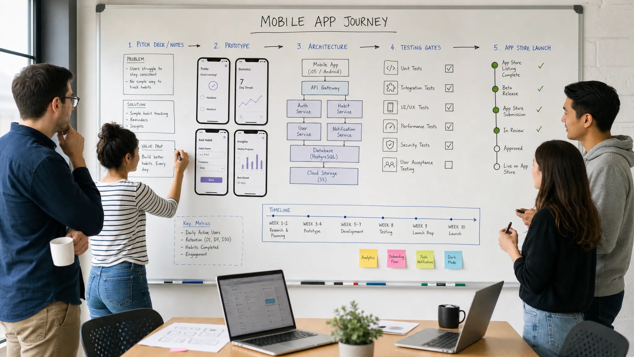 A mobile product team mapping a startup app journey from pitch deck notes to prototype screens, architecture blocks, testing gates, and App Store launch milestones on a large whiteboard.