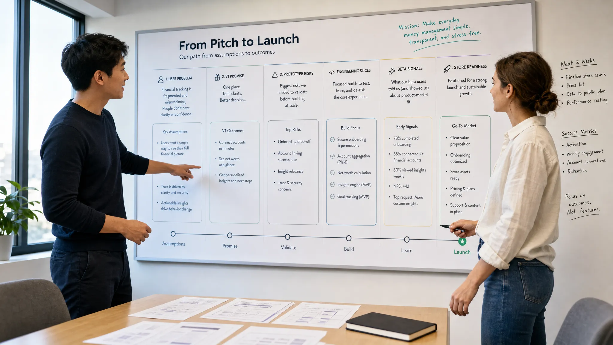 Wide landscape scene of a founder and product lead in a bright meeting room, standing beside a large wall display that maps a funded startup app from pitch assumptions to launch outcomes with distinct sections for user problem, V1 promise, prototype risks, engineering slices, beta signals, and store readiness; a few printed wireframe pages and a closed notebook sit on the table, and no device screen is visible. The composition feels collaborative, strategic, and launch-oriented.