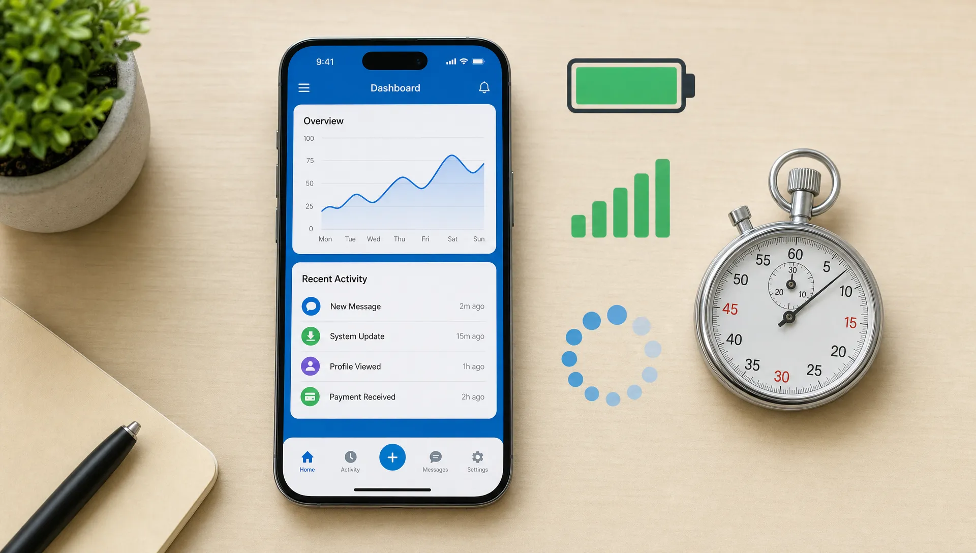 A smartphone beside a stopwatch, battery icon, network signal, and smooth scrolling indicators on a clean table, representing the performance signals users notice during a mobile app session.