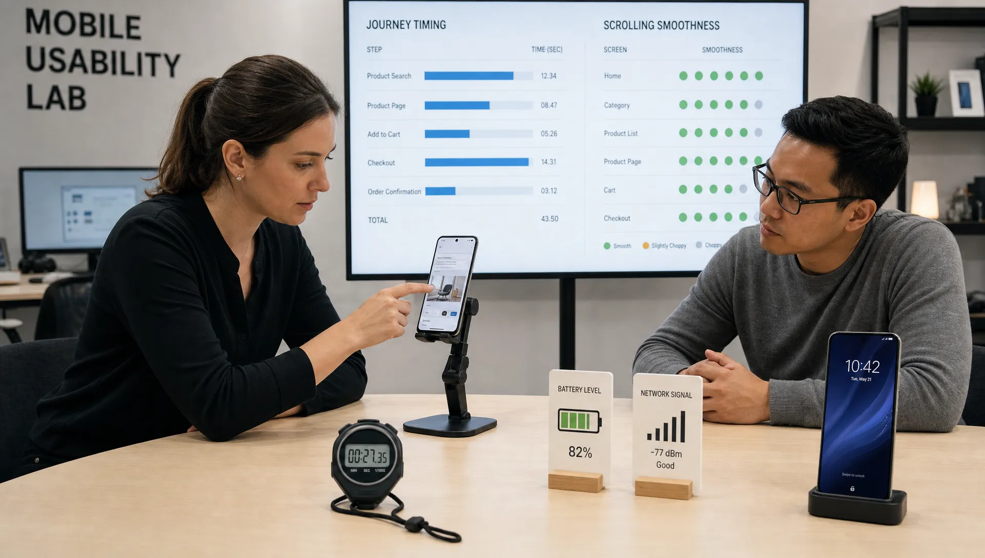 Wide landscape scene in a modern mobile usability lab showing an adult product designer and engineer testing a phone on a stand, with a second phone, a stopwatch, a battery meter card, and a network signal card arranged on a clean table; a large wall display in the background shows simple journey timing bars and scrolling smoothness markers, creating a calm, user-centered atmosphere in an indoor technical setting.