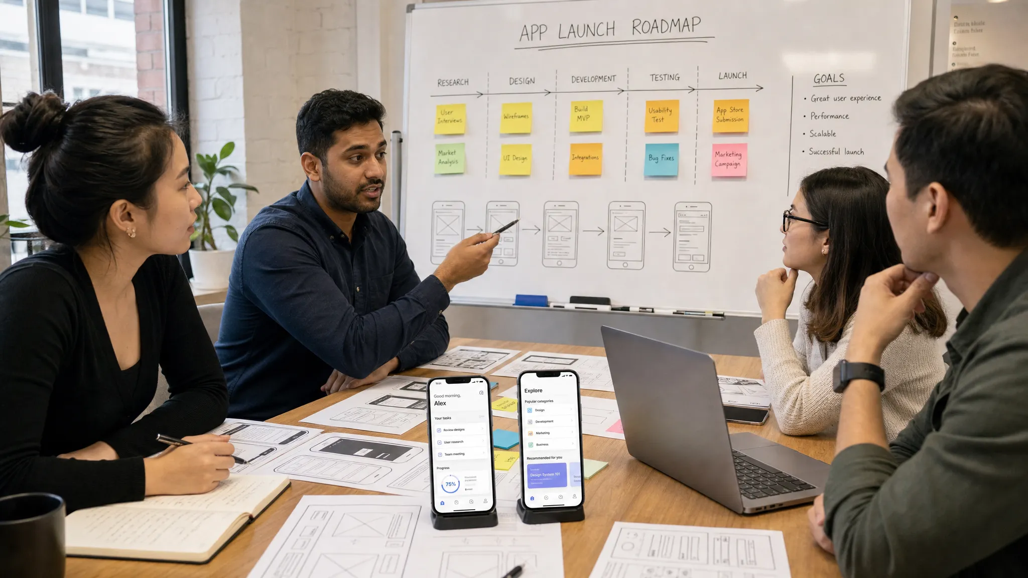 A startup product team planning a smartphone app launch with wireframes, a roadmap board, and two phones showing clean mobile app screens on a table.