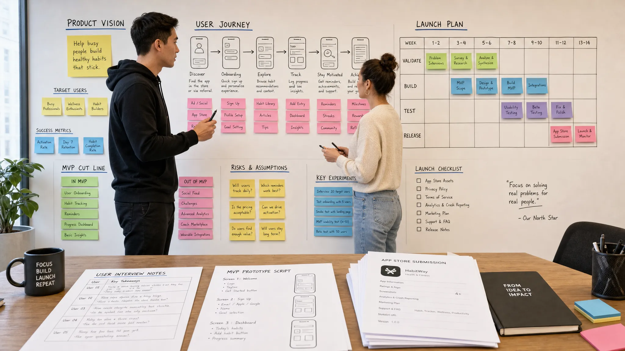 Wide landscape scene in a modern indoor product studio showing a founder and mobile strategist reviewing a large launch planning wall made of sticky notes, user journey sketches, MVP cut-line cards, and a simple calendar of validation, build, testing, and release milestones; a table in the foreground holds printed interview notes, a prototype script, and a few neatly stacked app store submission sheets, creating a clear, founder-friendly picture of moving from idea to launch.
