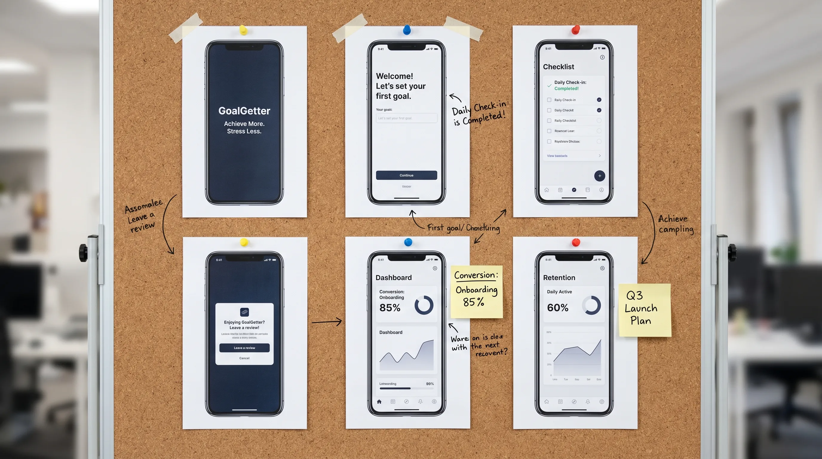 A set of upright mobile app store screenshots arranged in a launch storyboard, showing a clear app title, benefit-focused captions, onboarding screen, core action screen, review prompt plan, and analytics notes for conversion measurement.