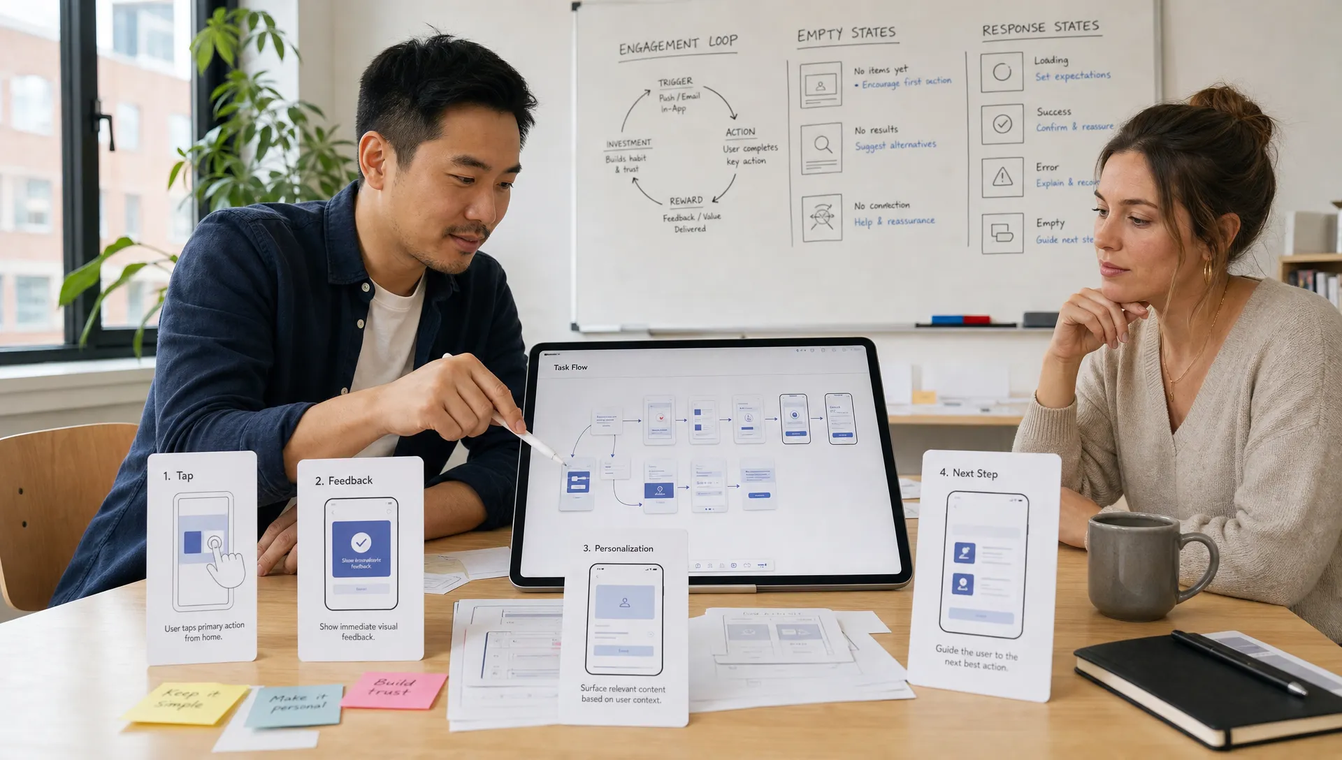 Wide landscape scene in a bright mobile product design studio showing a founder and designer reviewing a large tablet-based interaction map on a table, with one tablet facing the camera and several floating-style paper cards around it representing tap, feedback, personalization, and next-step flows; a whiteboard in the background shows engagement loop sketches, empty-state notes, and response-state checkpoints, creating a calm, user-centered indoor atmosphere.