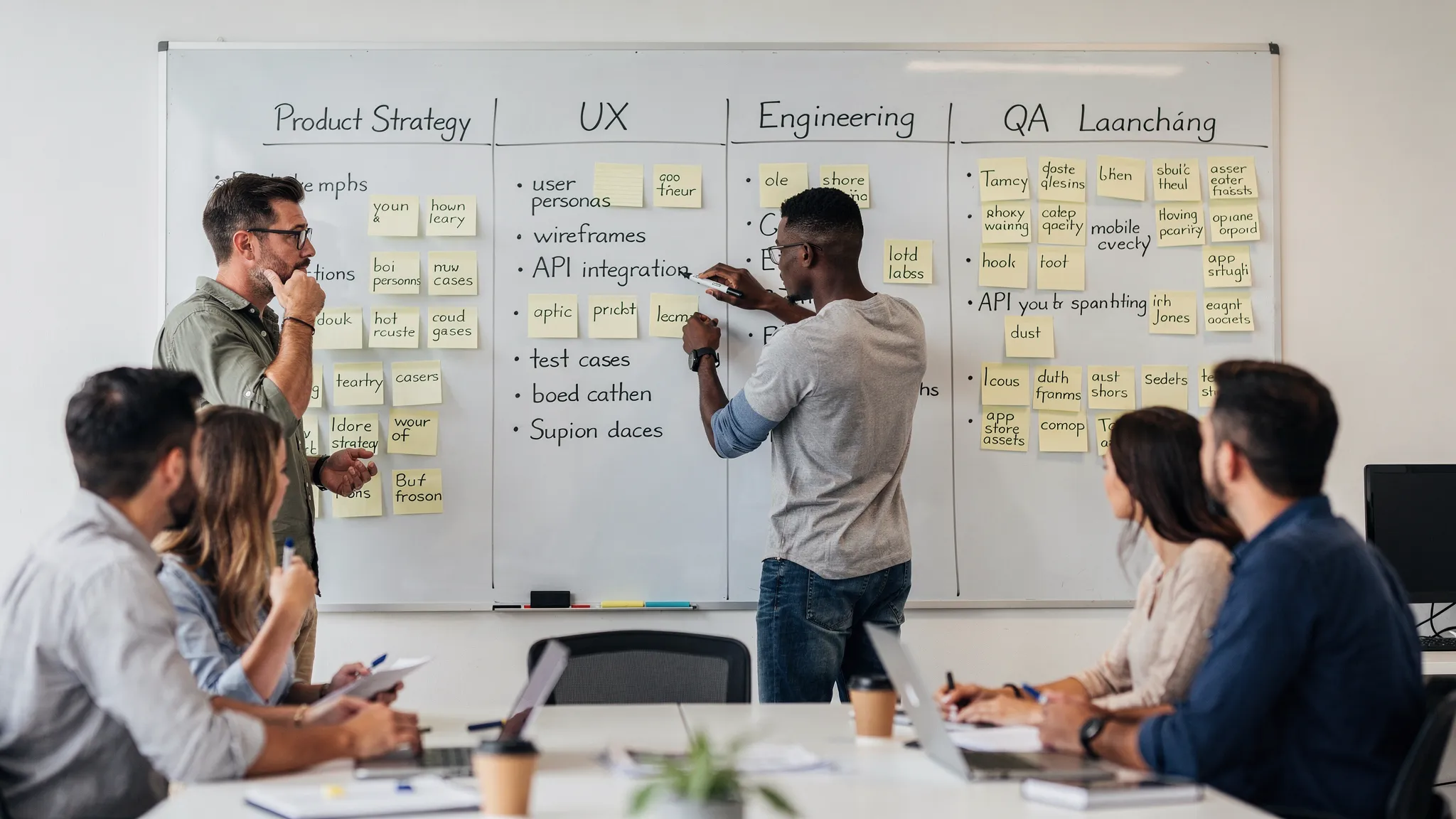 A startup team mapping a mobile app build checklist across product strategy, UX, engineering, QA, and launch readiness on a large whiteboard.