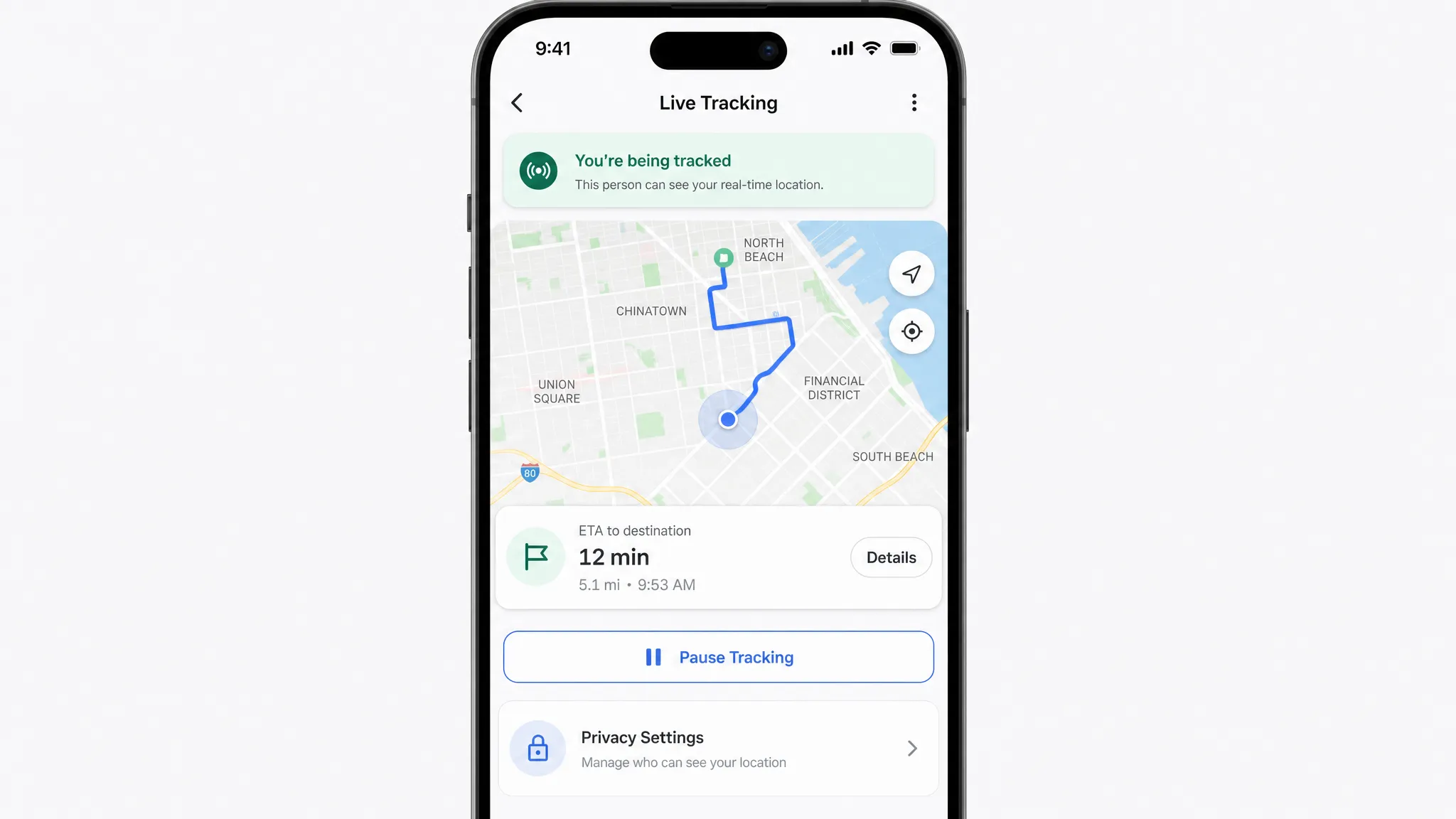 A front-facing smartphone screen showing a GPS tracking mobile app with an active route map, a visible tracking status banner, an ETA card, a pause tracking control, and privacy settings accessible from the same screen.