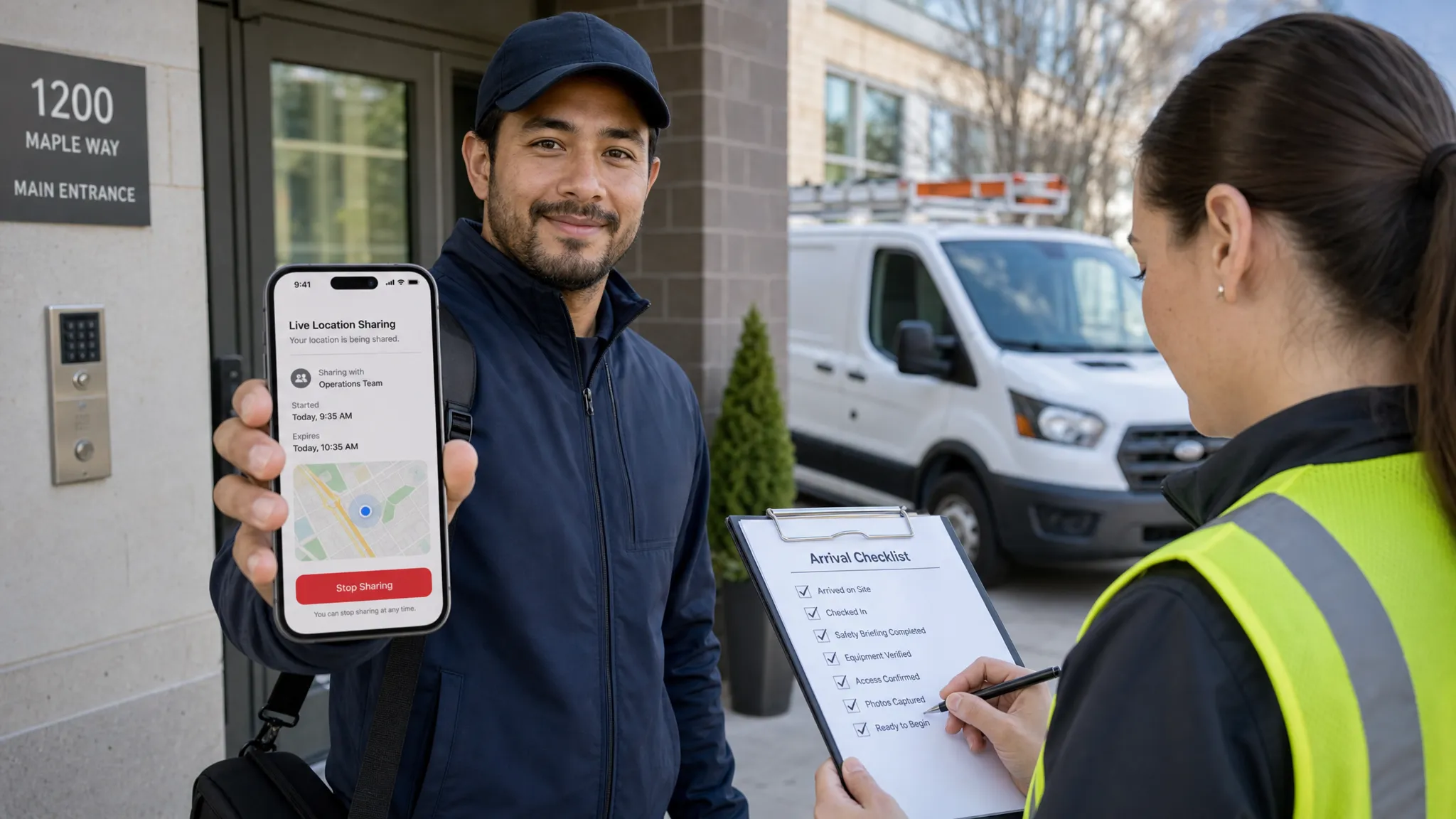Wide landscape scene of a field operations handoff at an outdoor building entrance, with a courier or technician holding a phone that shows a live location-sharing status, a subtle map preview, and a clear stop-sharing control facing the camera, while another person reviews an arrival checklist on a clipboard nearby. The setting includes a doorway, signal context, and a parked vehicle in the background, emphasizing real-world tracking, trust, and session-based control.