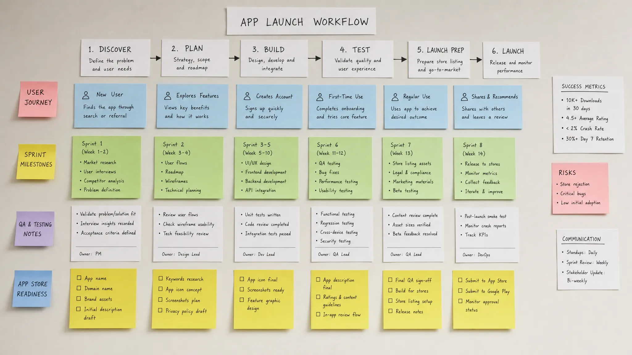 Overhead view of a launch workflow wall with user journey cards, sprint milestones, QA notes, and app store readiness tasks arranged in a clear sequence.