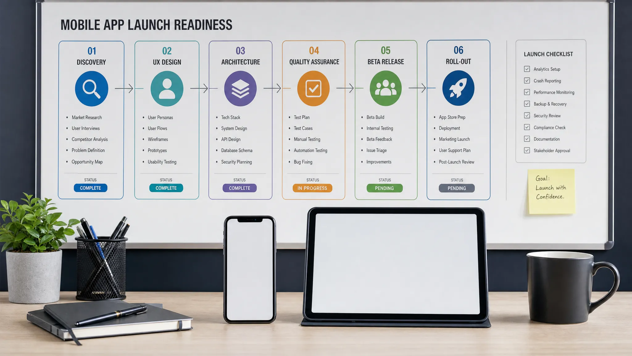 Wide landscape scene of a mobile app launch readiness workspace with a large sequence board showing discovery, UX, architecture, QA, beta, and rollout milestones connected by arrows, plus a single smartphone and a tablet facing the camera on a clean table, both showing neutral app screens with nothing displayed behind them; the composition feels organized and operational in an indoor planning environment with no people present.