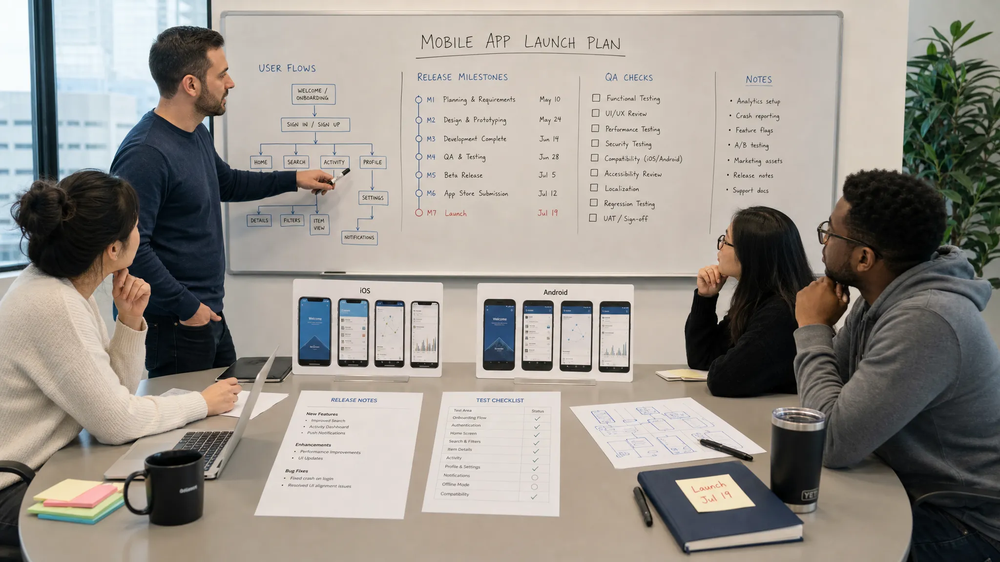 A product team reviews a mobile app launch plan on a whiteboard with user flows, release milestones, QA checks, and iOS and Android device mockups arranged on a table, with printed release notes and test checklist sheets beside them.