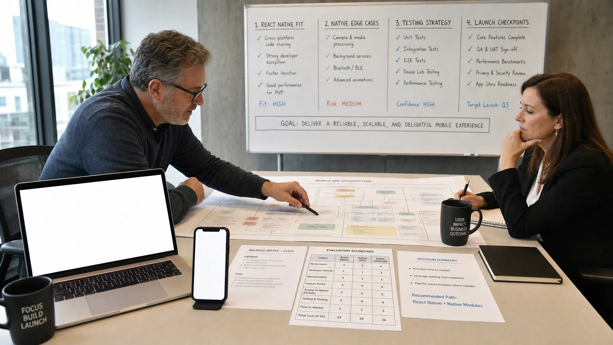 Wide landscape scene of a senior product and engineering review for a funded startup’s mobile app, with two adults in a modern meeting room studying a large printed architecture map on a table, a wall board showing React Native fit, native edge cases, testing, and launch checkpoints, and a laptop facing the camera with a blank screen alongside a phone facing the camera with a blank app screen; a few release notes sheets and a simple evaluation scorecard are spread nearby, creating a strategic, high-stakes decision atmosphere.