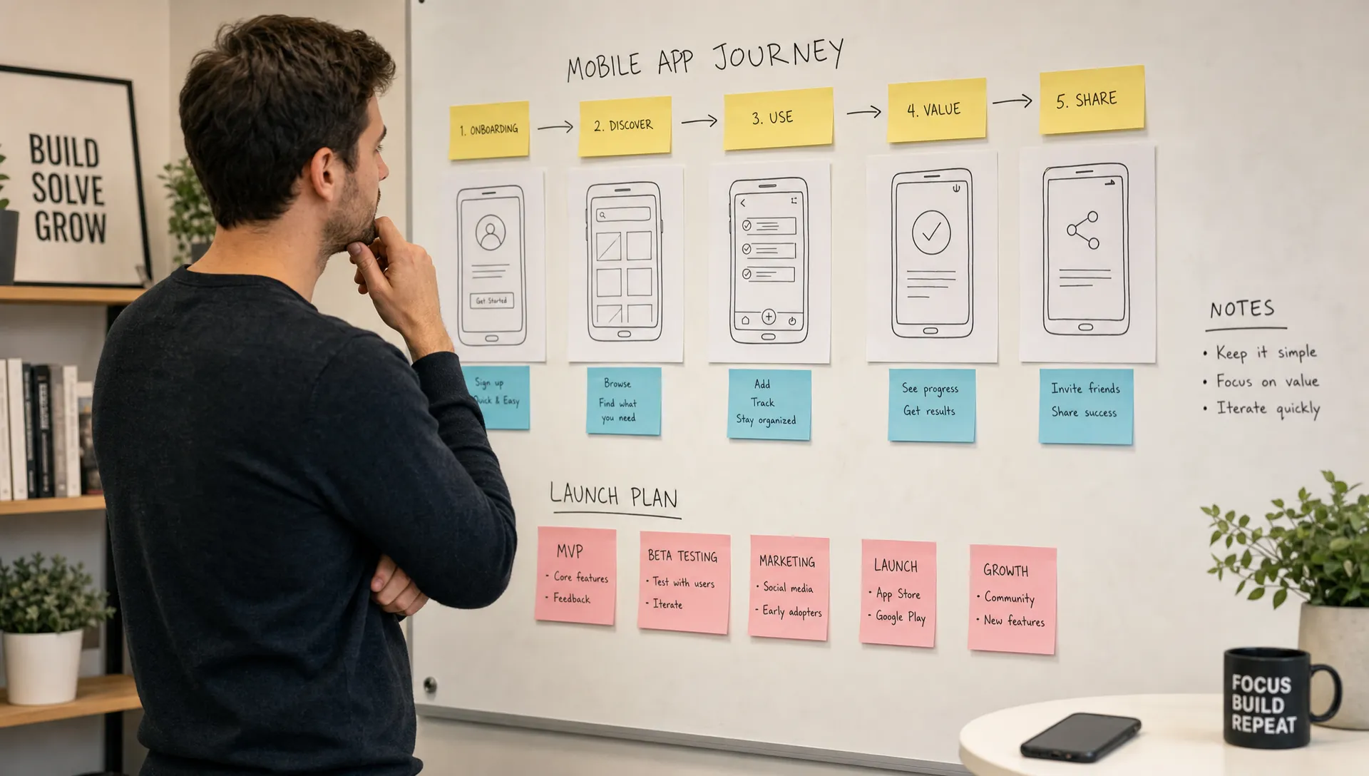 A non-technical startup founder reviews a mobile app journey map on a wall board with wireframe sketches, sticky notes for user steps, and a simple launch plan, with a smartphone on a side table nearby.