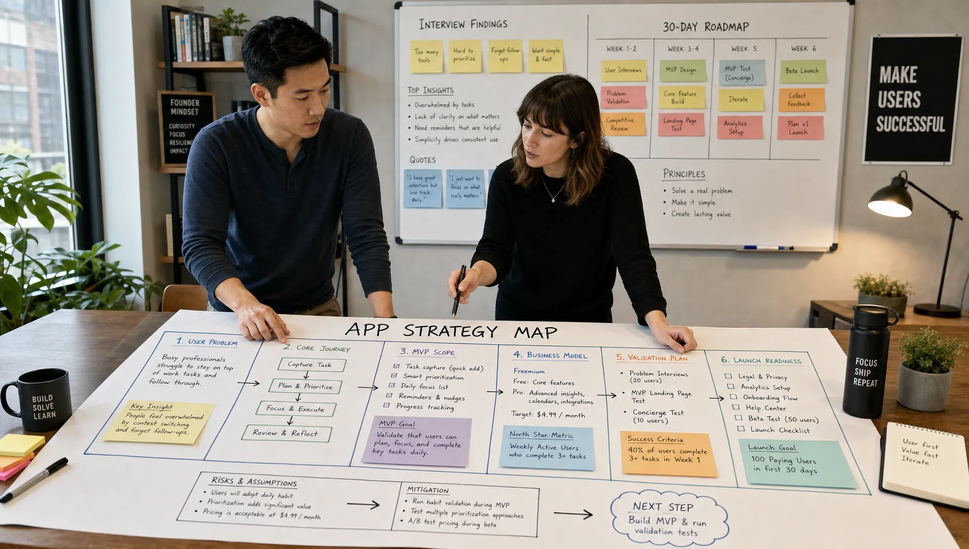 Wide landscape scene in a bright founder workshop showing a large app strategy map spread across a table, with sections for user problem, core journey, MVP scope, business model, validation notes, and launch readiness connected by arrows and handwritten cards; one adult founder stands at the table with a product strategist reviewing the plan, while a wall board in the background shows interview findings and a simple 30-day roadmap, creating a clear, practical atmosphere in an indoor setting.