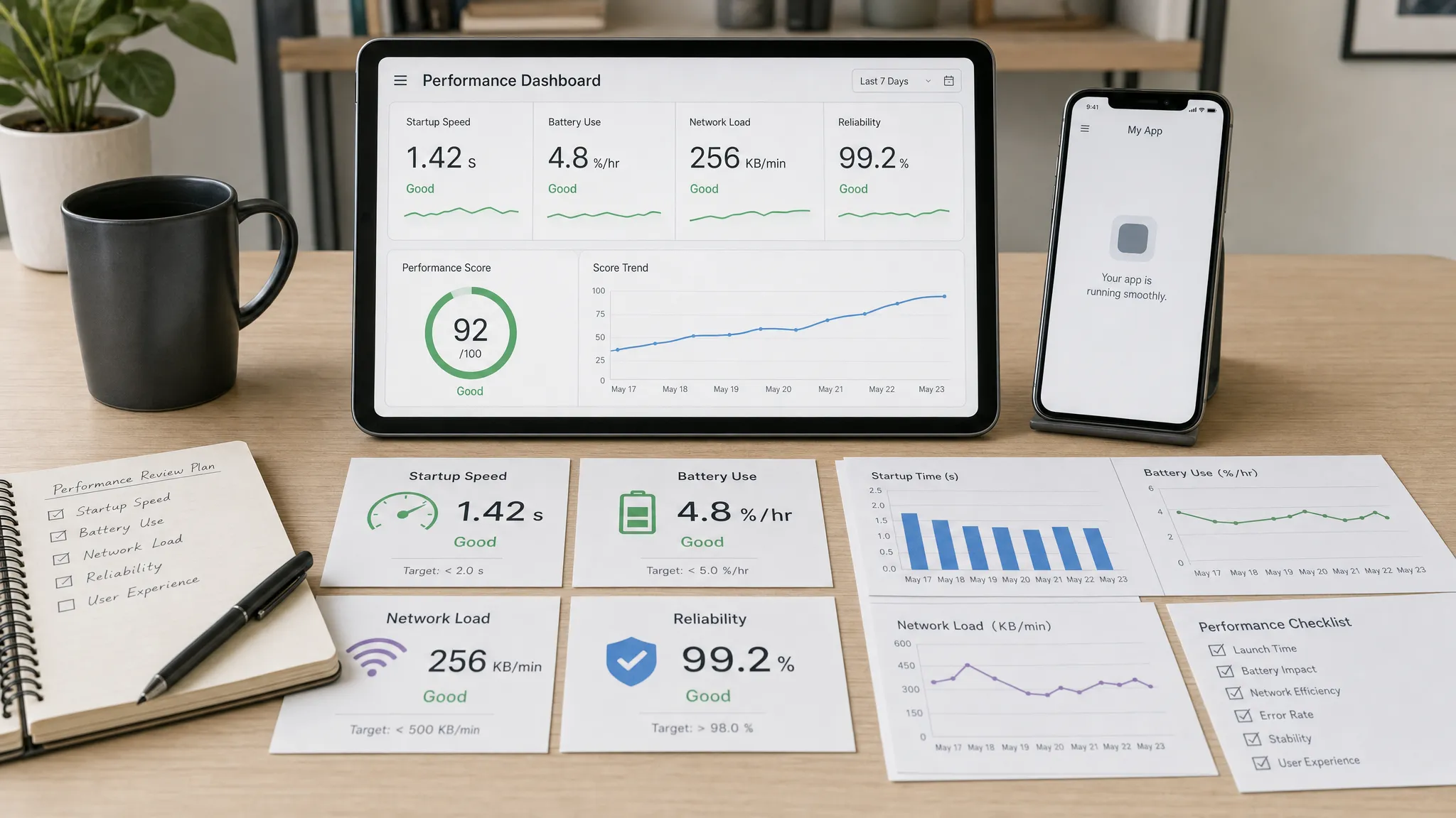 Wide landscape scene of a mobile performance review workspace on a clean desk, with a tablet facing the camera showing a simple performance dashboard, a phone beside it facing the camera with a blank app screen, printed cards for startup speed, battery use, network load, and reliability arranged in a clear grid, and a few diagnostic charts and checklists spread around them; the setting feels analytical, practical, and focused on improving real-world app efficiency in an indoor environment with no people present.