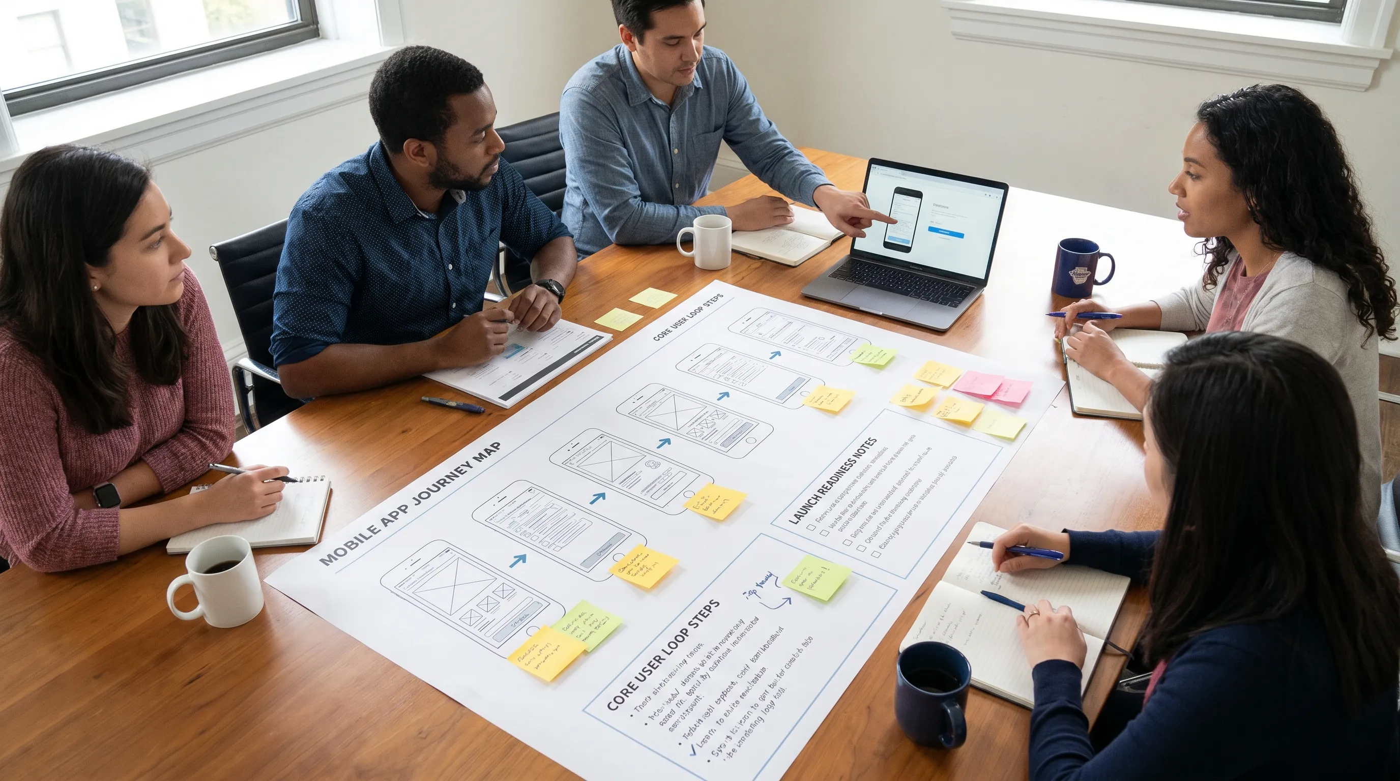 A product team reviews a mobile app journey map with wireframes, core user loop steps, and launch readiness notes arranged on a table.