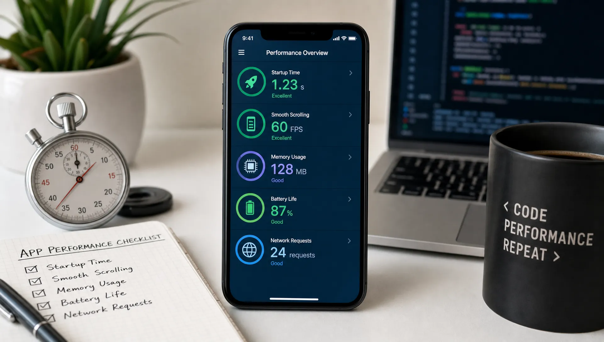 A smartphone oriented upright on a desk, surrounded by visual cues for startup speed, smooth scrolling, memory usage, battery life, and network requests, with the screen facing the camera.