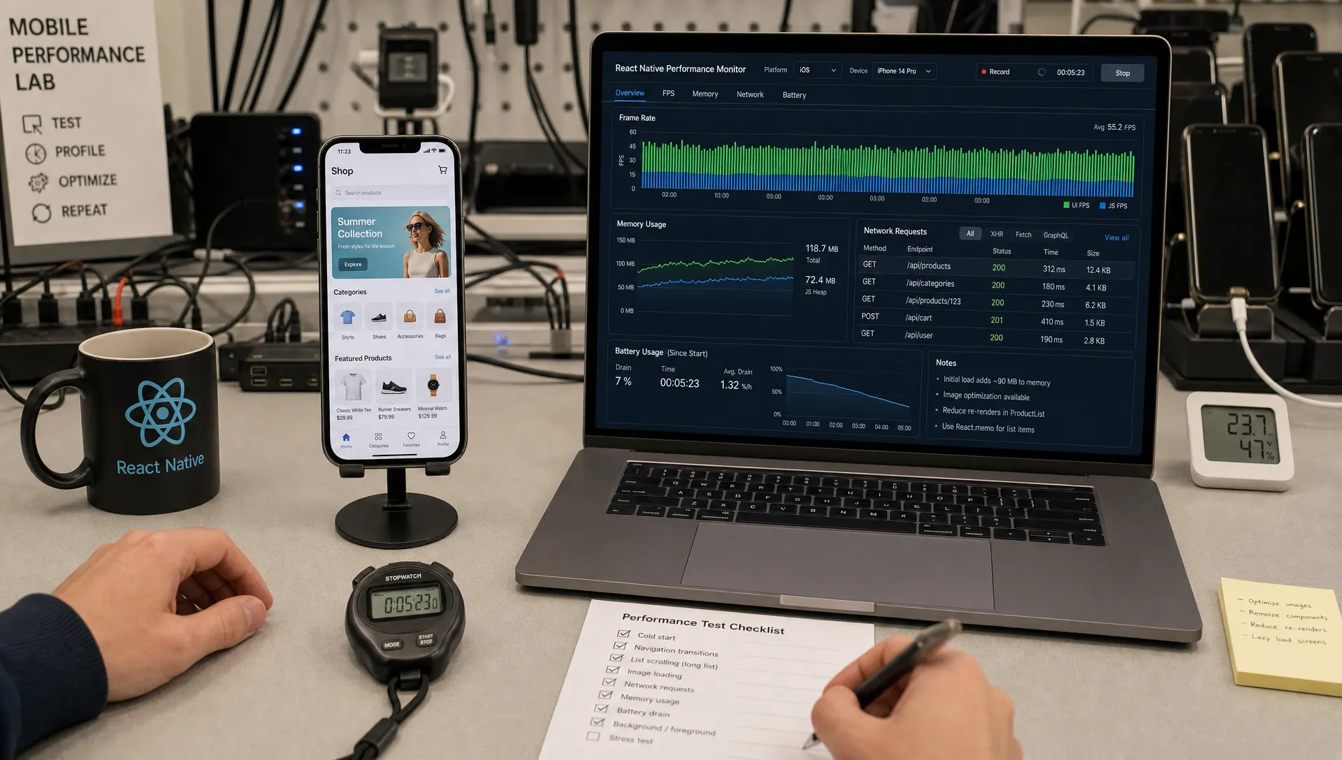 Wide landscape scene in a mobile performance lab showing a React Native app running on a phone on a stand facing the camera, with a nearby laptop open to profiling charts, frame timing bars, memory graphs, network request logs, and battery usage notes; a developer’s hands rest beside a stopwatch and a simple checklist, while the background shows a clean test bench with cables and device stands, creating a focused, diagnostic indoor atmosphere.