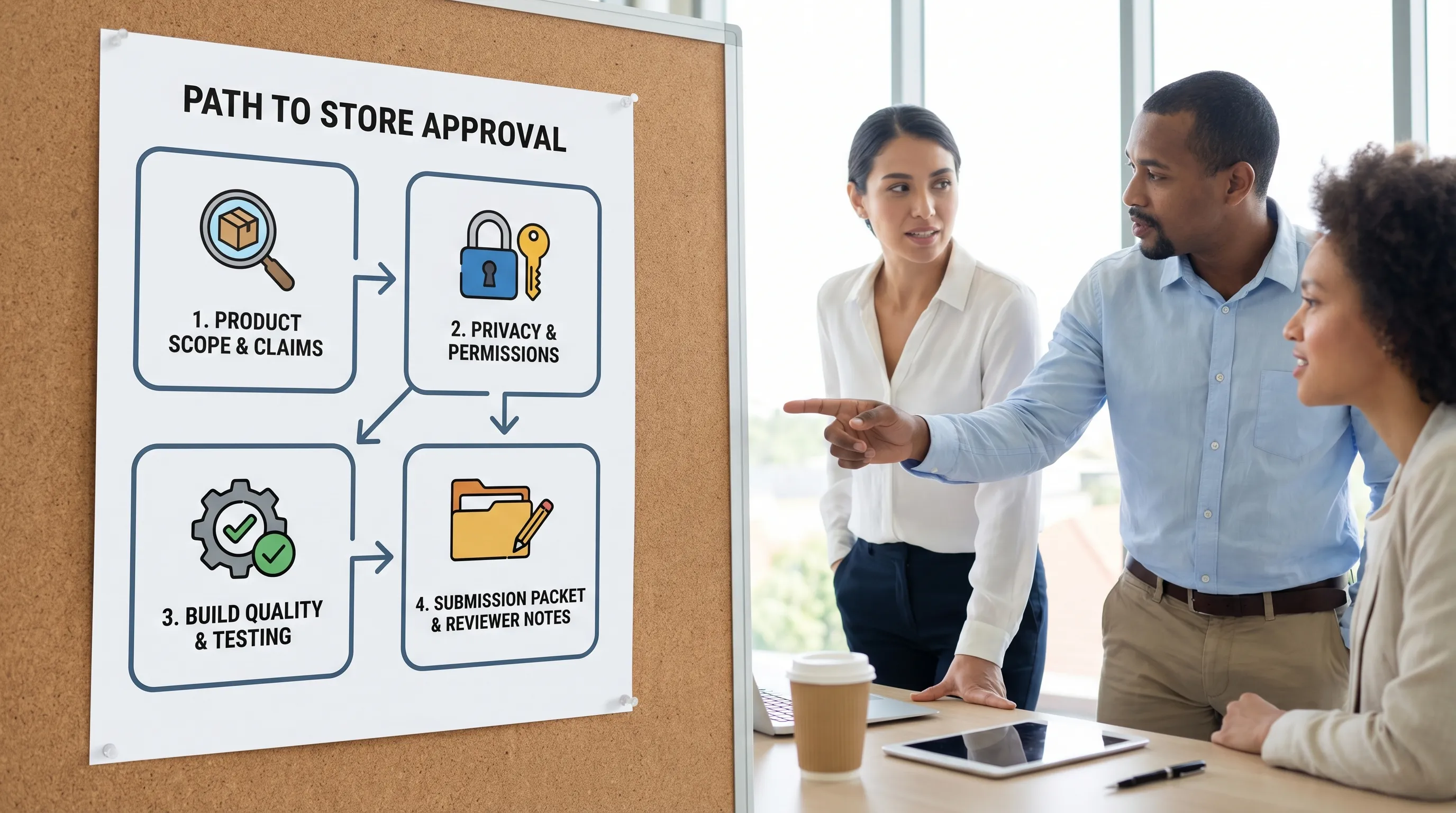 A simple 4-step diagram showing the path to store approval: Product scope and claims, Privacy and permissions, Build quality and testing, Submission packet and reviewer notes.