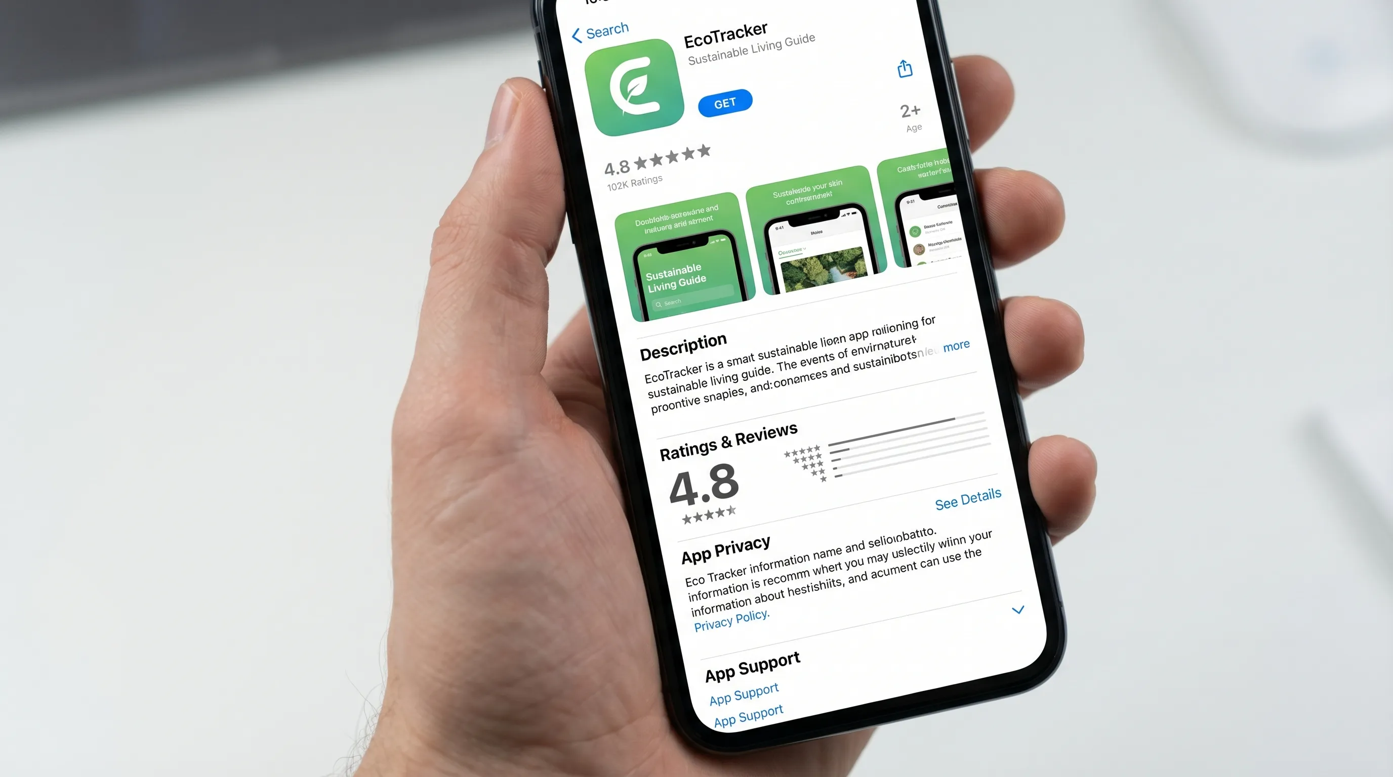 A clean illustration of an app store listing page layout, showing app name, subtitle, screenshots, description, ratings, privacy section, and support links.