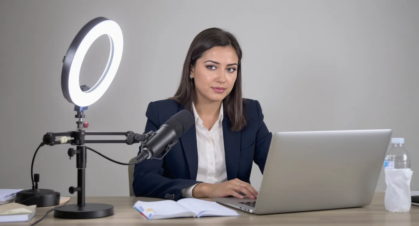 A candidate sits at a tidy desk with a ring light, external microphone, and neutral backdrop while running a Zoom video test on a laptop.