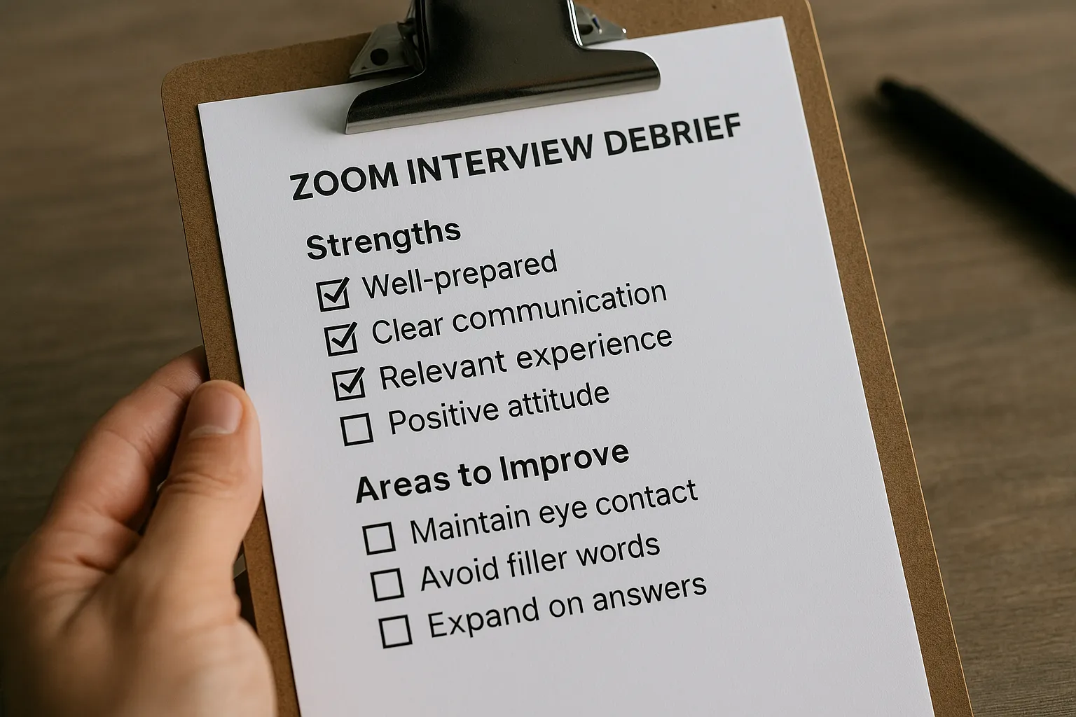 A digital checklist titled “Zoom Interview Debrief” shows AI-generated notes highlighting strengths and areas to improve.