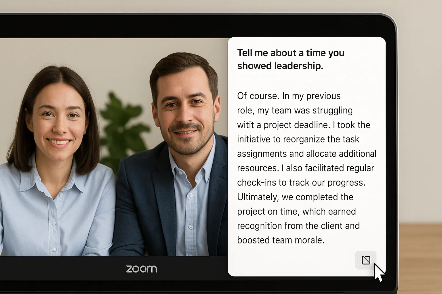 Close-up view of a minimal Chrome sidebar overlay showing an interview question at the top and a concise, AI-generated STAR answer beneath, while the main Zoom window with interviewers remains fully visible. The candidate’s pointer hovers over a small “hide” icon, illustrating privacy controls.