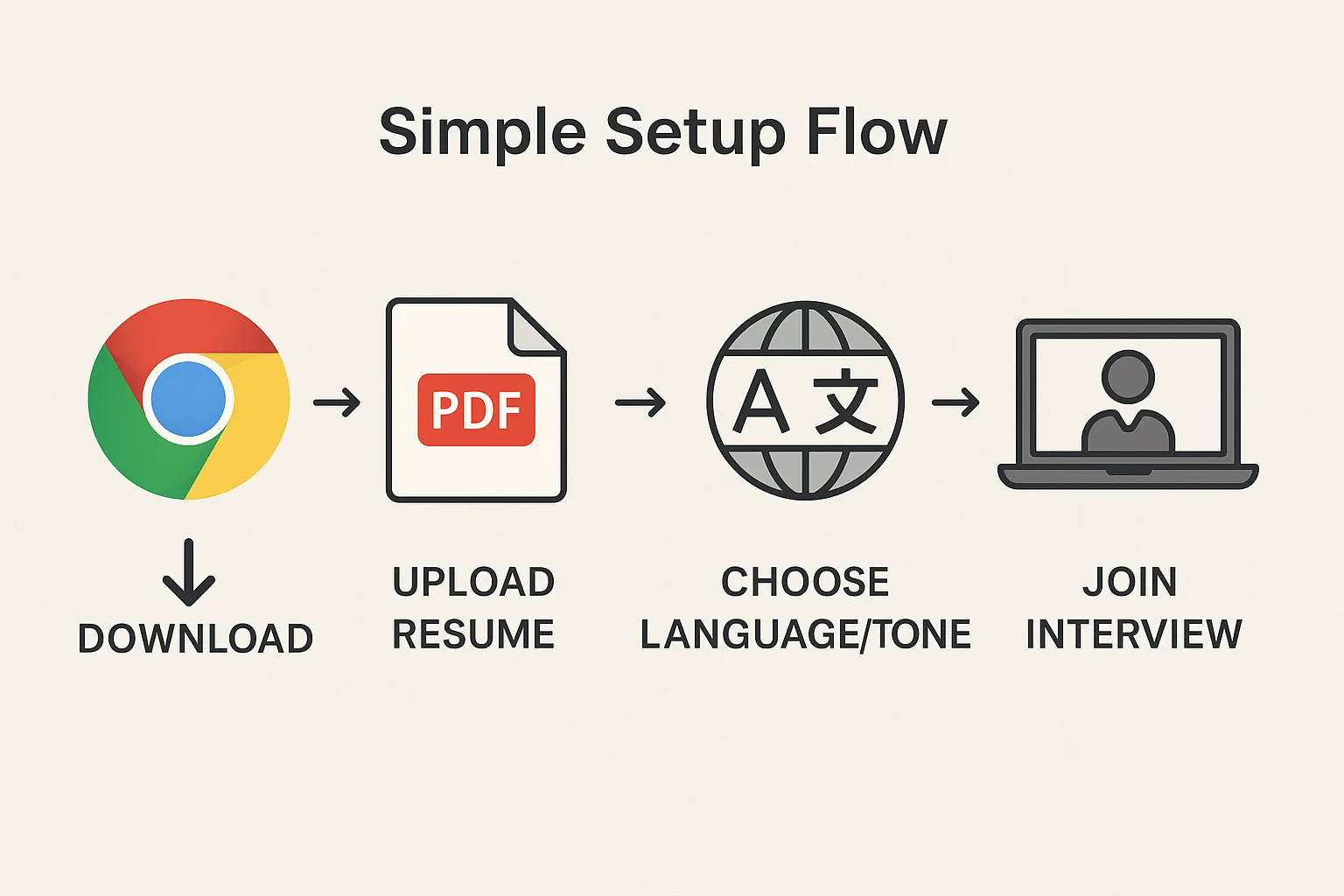 Illustration of a simple four-step setup flow: download, upload resume, choose language/tone, join interview. Each step is represented by an icon—Chrome logo, PDF file, language globe, laptop with video call.