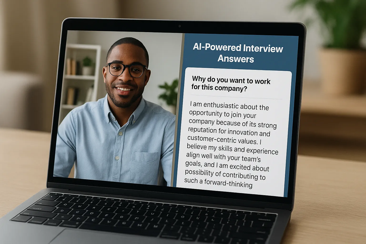 Illustration of a laptop screen showing a video interview on one side and an overlay panel generating AI-powered interview answers on the other side, highlighting real-time assistance for the candidate.