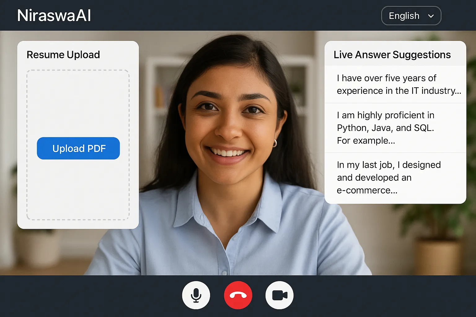 Close-up graphic of NiraswaAI interface highlighting a multilingual toggle, résumé upload panel, and live answer suggestions during a video call.