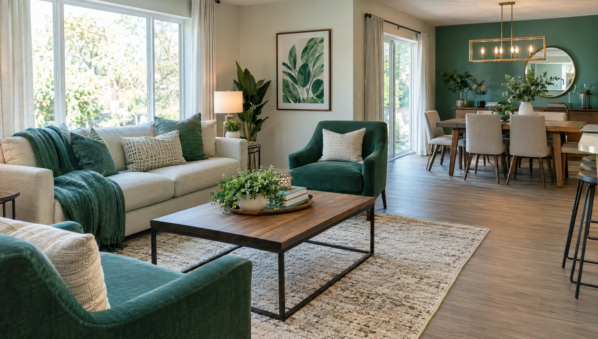 A furnished living room with comfortable seating and a dining table is ready for a temporary tenant before the home is listed for sale.