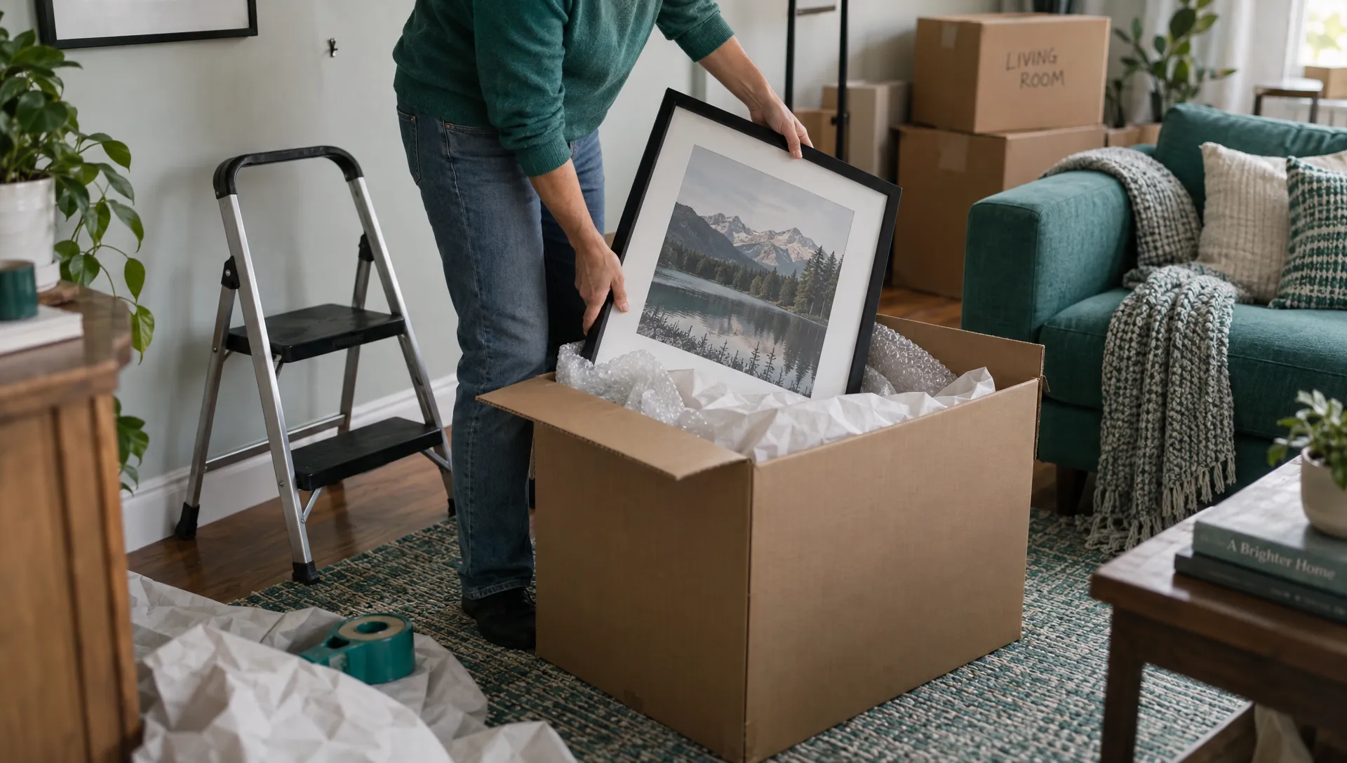 Hands pack a framed photograph from a furnished living room as personal belongings are cleared before listing the home for sale.