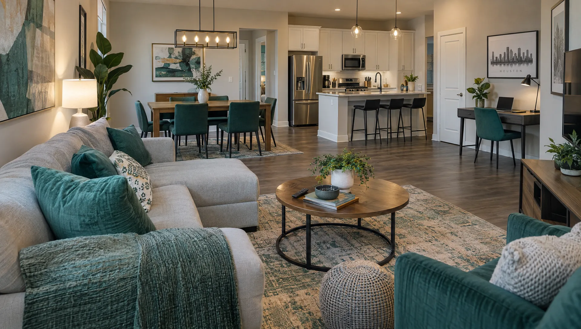 A furnished Houston rental combines comfortable seating, a dining table, an equipped kitchen and a desk for everyday mid-term living.