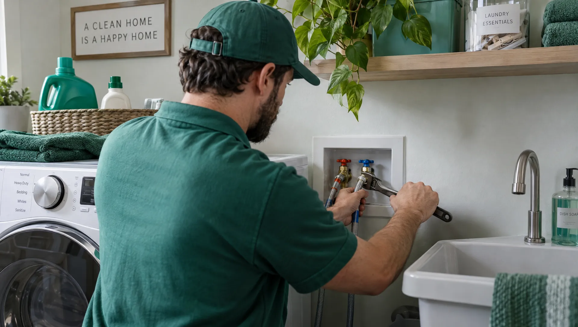 A technician checks a washing machine connection, one of the household systems renters rely on during a furnished stay.