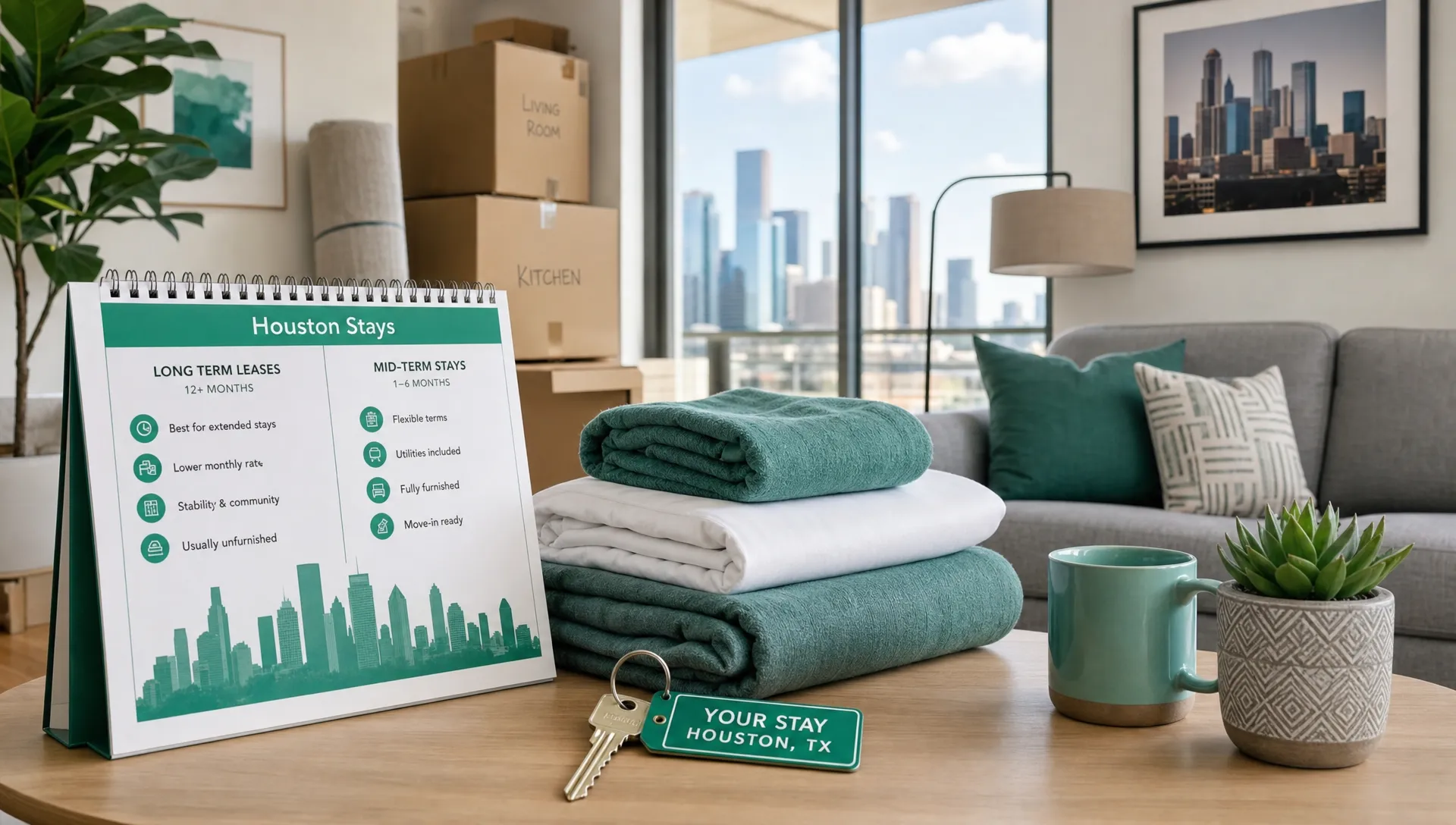 A furnished Houston living room shows a calendar, moving boxes, clean linens and a rental key for comparing long term leases and mid-term stays.