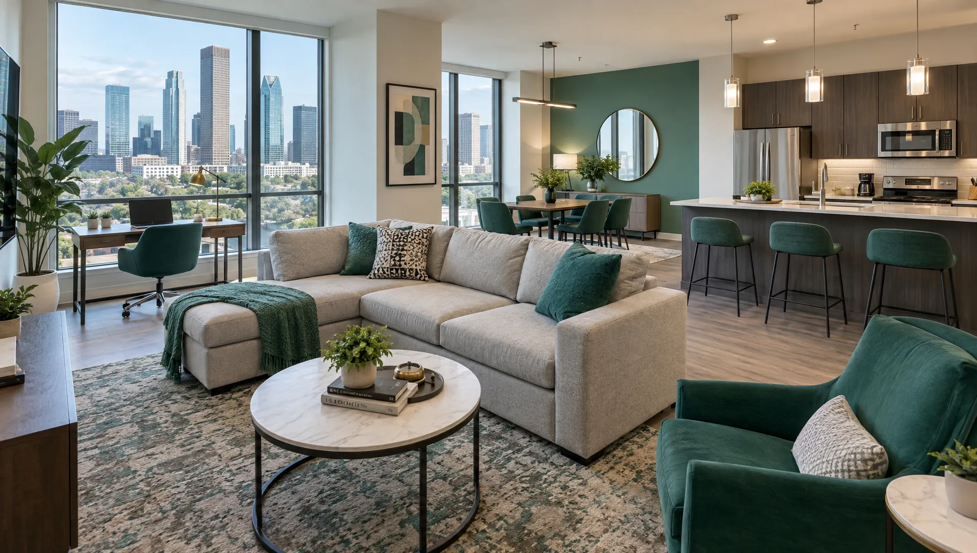A furnished Houston rental's living room opens onto a dining table and equipped kitchen, with a dedicated work area beside the window for an extended stay.