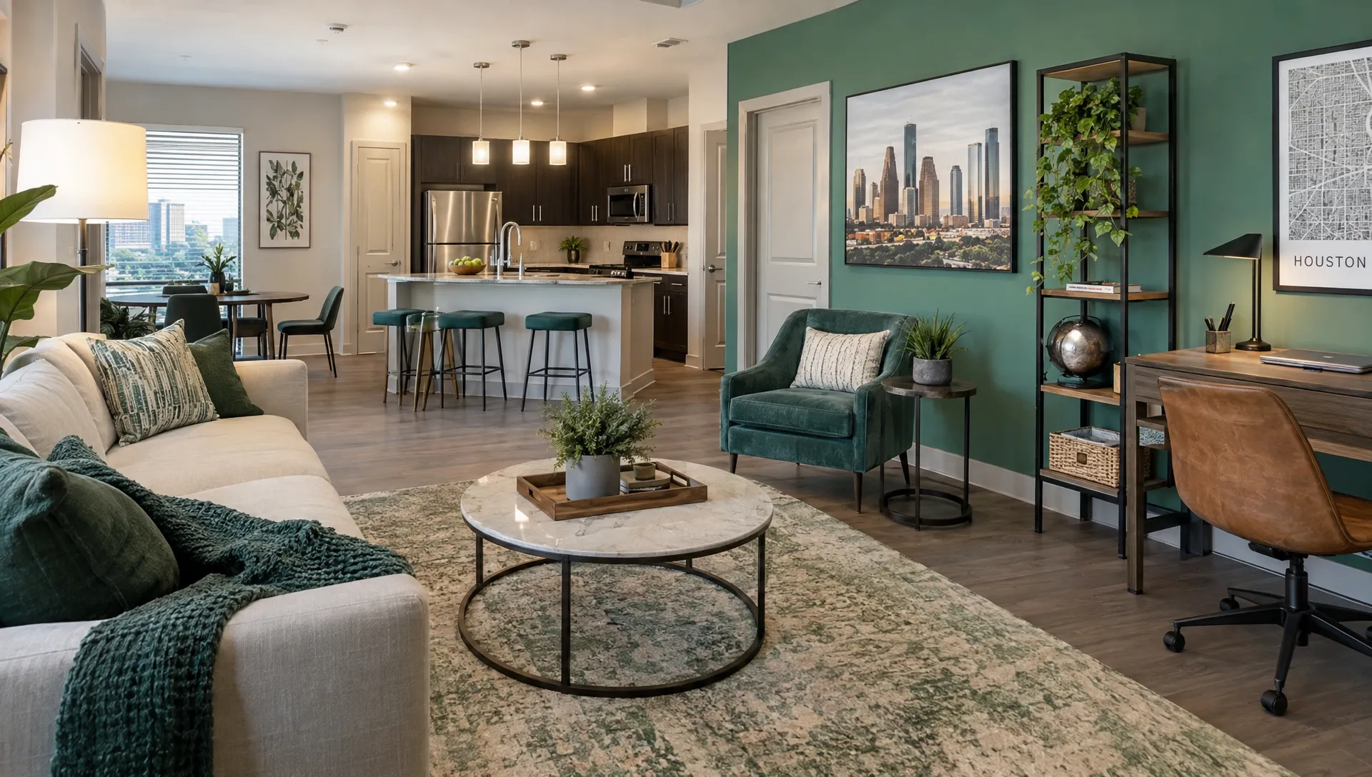 A furnished Houston living room set up for monthly housing, with a work desk and storage near comfortable seating and an everyday-use kitchen.