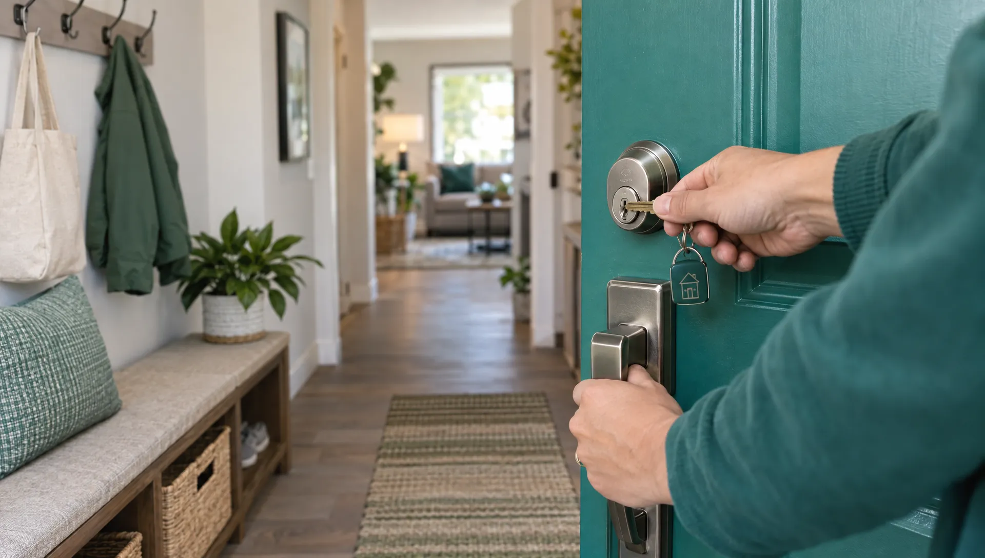 A tenant unlocks the door of a furnished rental home, beginning a monthly stay.