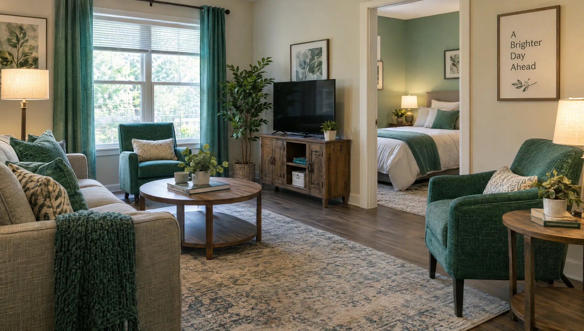 A furnished living room with clear walking paths leads to a separate caregiver bedroom, ready for mid term accommodation.